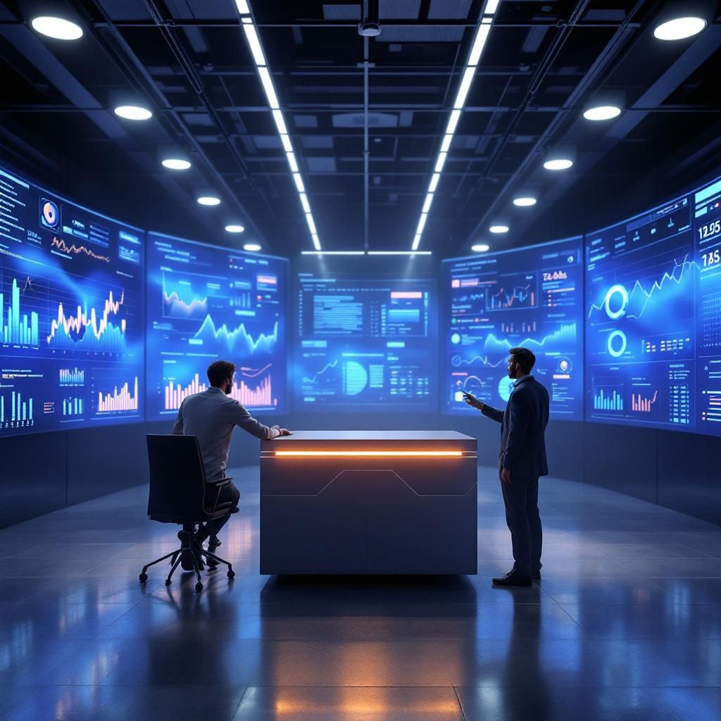 Forestil dig et realistisk, dokumentarisk foto taget i en moderne, højloftet datacenter- eller kontrolrumsmiljø, hvor flere store skærme viser dynamiske grafer, realtidsdata og token-brug i AI-implementeringer. Midt i rummet står en minimalistisk, futuristisk hardwareenhed med subtil LED-belysning, der pulserer i takt med dataflowet, uden at den er tydeligt menneskecentreret, men symboliserer styringen af AI-udgifter og datastyring. Rundt om denne enhed er personer, tekniske specialister og ledere i smarte, funktionelle arbejdsmiljøer, der overvåger og analyserer data, hvilket tydeliggør vigtigheden af proaktiv cost management i nutidens AI-æra. Dette billede visualiserer overgangen fra reactive til proaktiv overvågning og viser, hvordan effektiv styring af AI-udgifter er afgørende for moderne organisationers innovation og driftssikkerhed.
