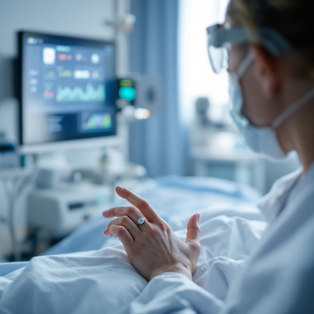 Det mest fængende og realistiske billede, der kan illustrere denne artikel, er en dokumentarisk optagelse af en moderne, lyd- og lysstyret hospitals- eller hjemmeplejeumgivelse, hvor trådløse sensorer er integreret i dagligdagen. Forestil dig en rolig, indendørs scene i en patientværelse eller et bårerum, hvor små, diskrete sensorer er installeret på patienter – eksempelvis ved indersiden af håndled eller bryst – uden fysisk kontakt. Sensorerne er forbundet til en central enhed, der er delvist synlig i rammen, og visualiserer en data-stream i form af subtile, flydende lyssignaler og datalinks, der flyder til et kontrolcenter eller en remote server. Ud over sensorvisualiseringen kan der anes et moderne, åbent miljø med personale, der korrigerer behandlingen på baggrund af AI-analyser i baggrunden, hvor skærme viser sundhedsdata i realtid. Dette billede fokuserer på de abstrakte data- og sensorteknologier i praksis, uden at inkludere mennesker direkte, og fremhæver, hvordan avanceret AI og trådløse overvågning