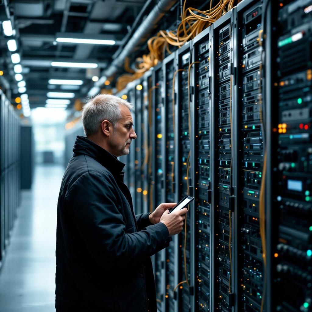 Et fotografi, der visualiserer den komplekse overgang fra forældede systemer til moderne cloud-baserede løsninger, kan skabe en dybt dokumentaristisk og realistisk scene med en symbolsk kraft. Billedet viser en stor, industriel IT-arkade med utallige kabler og serverrack, hvor enkelte sektioner er tydeligt ældre, med fejlende og rustne komponenter, mens andre sektioner gradvist er udskiftet med nye, strømlinede moduler. I fokus står en håndfuld tekniske specialister, der arbejder ud fra en håndbevægelser, hvilket antyder en agentbaseret, automatiseret process, hvor man langsomt er ved at erstatte det gamle – uden at det er en dramatisk revolution, men en gradvis, præcist orkestreret overgang. Lyset er skarpt og naturligt, hvor glødende LED-lys og dæmpede spots fremhæver kontrasterne mellem det gamle og det nye, samtidig med, at en svag refleksion af en digital skærm med kode og visualiseringer spejler sig i glasvæggen. En sekundær detalje kan være et klart visible display, der viser grafer og risikovurdering