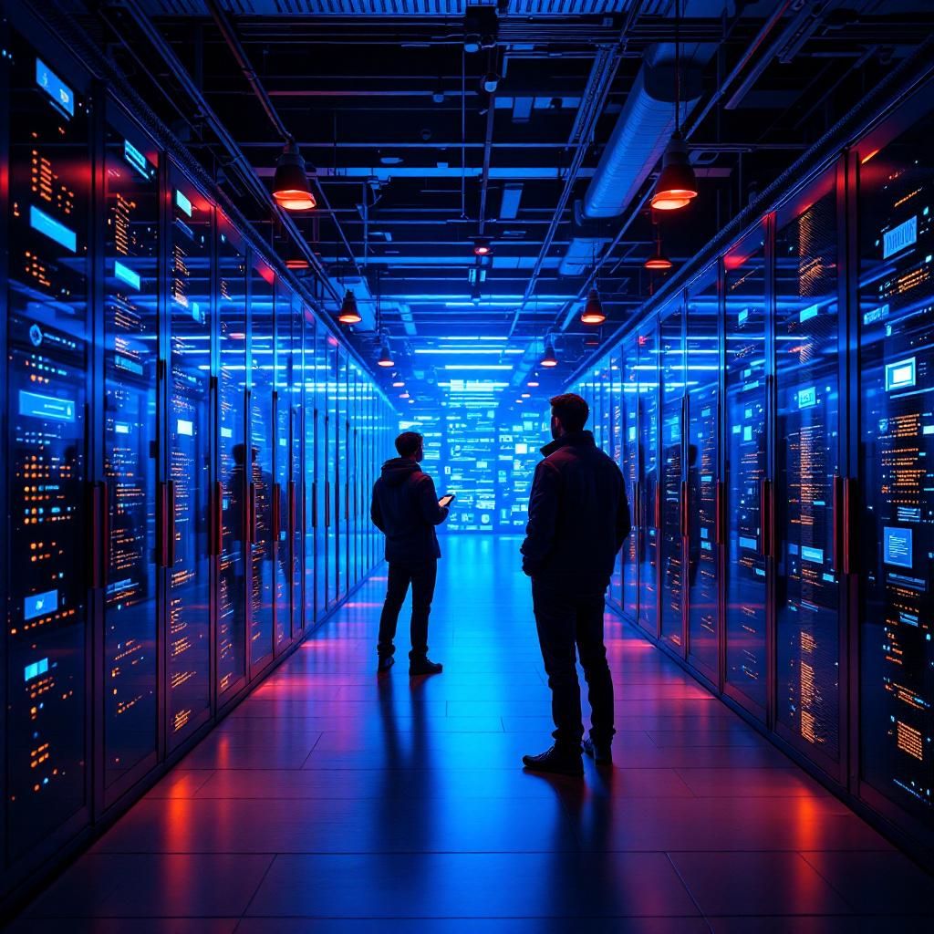 Forestil dig et realistisk, dokumentarisk billede taget i en moderne indretning indretning af en datacenter- eller udviklingsfacilitet, hvor en gruppe specialiserede AI-agenter vises som del af en real-world arbejdsproces. Billedet fokuserer på en række robuste, industrielle serverrækker med tydelige ledninger og blinkende dioder, indrammet af bløde, dæmpede lys, der fremhæver infrastrukturer for kode- og datamigrering. I midten er en skærm, der viser komplekse tekst- og datamønstre, der er tydelige for en observatør, mens i forgrunden står mennesker i arbejdsbeklædning, der overvåger, analyserer og interagerer med systemet via tablets og laptops. Det giver en følelse af høj teknologisk præcision og samarbejde mellem mennesker og avanceret teknologi, uden at menneskelige feature overdrives. Billedet symboliserer den moderne agentbaserede kode-migrering ved at fremhæve den robuste infrastruktur, hvor AI-agenter er integrerede som en del af det fysiske miljø, hvilket understreger realismen og alvoren i den kri