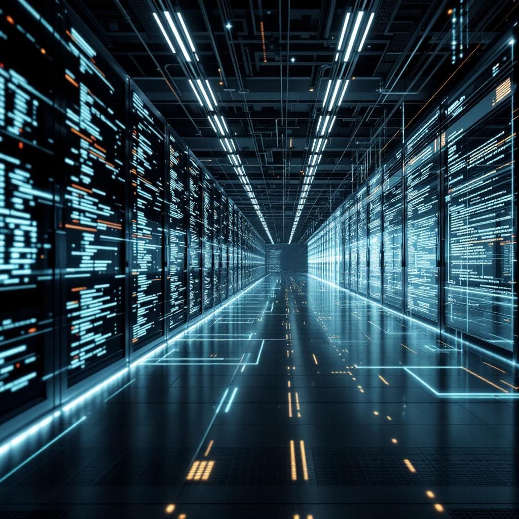 Et dokumentaristisk billede, der visualiserer den komplekse og kritiske proces med agentbaseret kode-migrering i et moderne, nytidigt miljø. Fotoet fanger et stort datacenter- eller supercomputer-agtigt rum, hvor et netværk af lysende LED-aktiverede kabler og skærme former et abstrakt, men præcist billede af det digitale arbejde. Over det centrale, minimalistiske udstyr præsenteres holografiske visualiseringer af kode, dataintegration og systemflow, symboliserende agentsamarbejde og automatisering. Atmosfæren er præget af en rolig, fokuseret stemning, hvor teknologiens magt og kompleksitet fremstår som en del af den almindelige infrastruktur, uden menneskelige figurer i fokus, men med synlige digitale parameter-grafer og real-time data-scanning, der illustrerer processen med at flytte og sikre kritisk it-arkitektur. Billedet fremhæver, hvordan avanceret AI og automatisering arbejder sammen med menneskelige eksperter bag kulisserne for at modernisere og sikre kritiske systemer. Det er et realistisk, men visue
