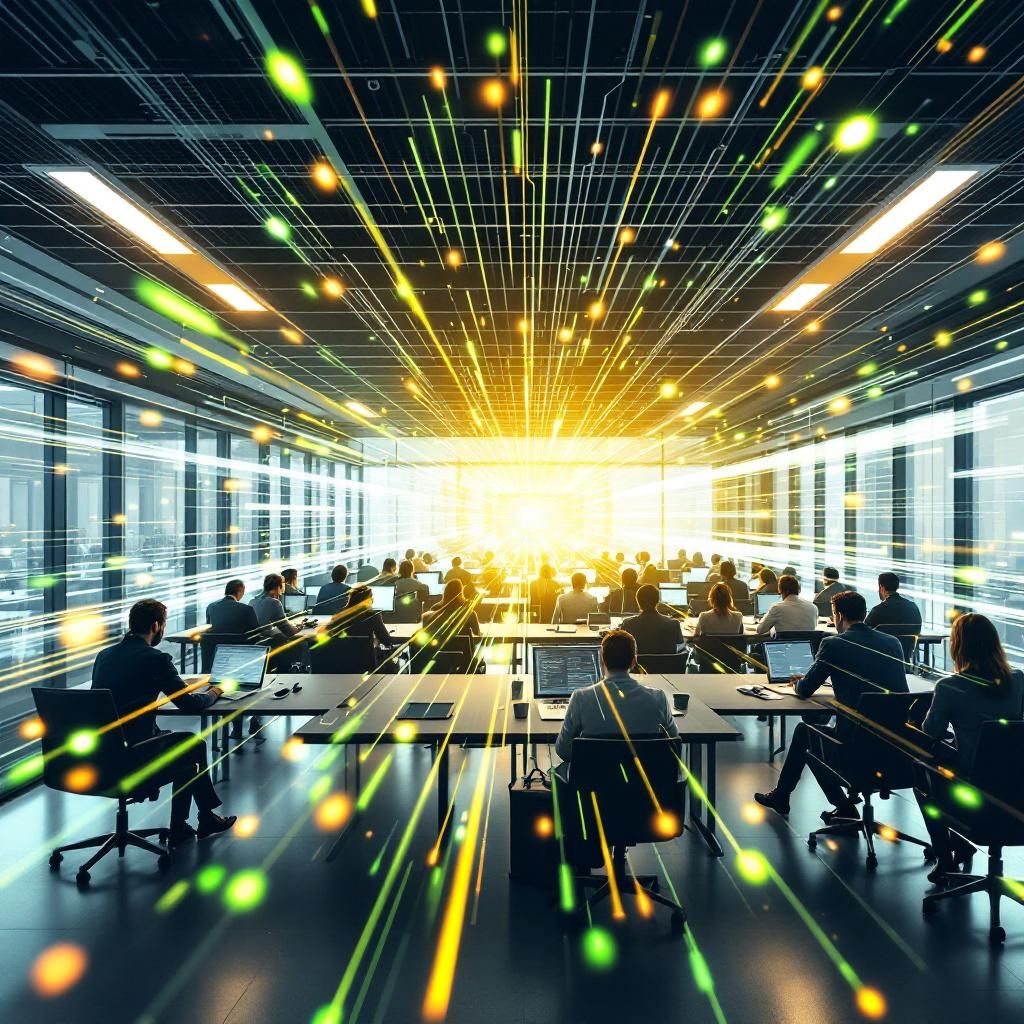 Mit billedkoncept er en dokumentaristisk, realistisk gengivelse af en moderne, højteknologisk offentlig administratorisk arbejdsplads, præget af abstrakte elementer, der symboliserer AI-integrationen i komplekse systemer. Forestil dig en stor stilren skærm i midten, der viser digitaliserede, usynlige informationsstrømme som flydende, lysende linjer og punkter, der krydser hinanden i et netværk af data, uden direkte menneskelige figurer. Farverne er dæmpede med nuancer af blå, grå og grøn, hvilket understreger et optimistisk, men seriøst miljø, der fokuserer på datasikkerhed, automatik og kompleksitet. Teknologiske ikoner som digitale papirer, e-mails og avancerede grafer flyder i baggrunden, symboliserende automatiseringsprocesserne. Det skabe en følelse af organisationens digitale symfoni, hvor AI-delen fremstår som en integreret, næsten usynlig kraft, der håndterer enorme informationsmængder. Baggrunden viser en kontrol- og overvågningsstation med flere store, flade skærme, der visualiserer