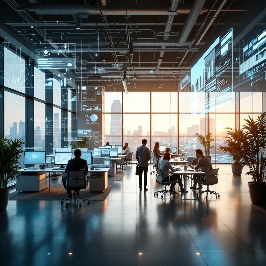 Et realistisk, dokumentaristisk billede, der illustrerer emnet om OpenAIs nye AI-integration i offentlige systemer, kan tage form af en scene i en moderne, funktionel offentlig kontorbygning. Billedet viser en stor, åben arbejdsplads uden mennesker, men med tydelige digitale indikatorer: Høje, sektionerede skærme, der viser komplekse datastrømme, grafer og advarsler, samt subtile visuelle elementer som holografiske overlays, der signalerer AIs aktive overvågning og automatisering uden at fremstå sci-fi. Her kan man visualisere den teknologi, der arbejder i baggrunden, såsom digitale grænseflader, informationsstrømme, og automatiseringsflader, der symboliserer AIs indflydelse på den daglige administrative arbejdsgang. Designet er præget af en moderne industriel æstetik med lyse, neutrale farver, minimalistisk teknologi og subtile, men tydelige visuelle referencer til data og automatisering. Billedet fremhæver en strategisk, rolig arbejdsplads, hvor den digitale infrastruktur er skildret som en usynlig, men