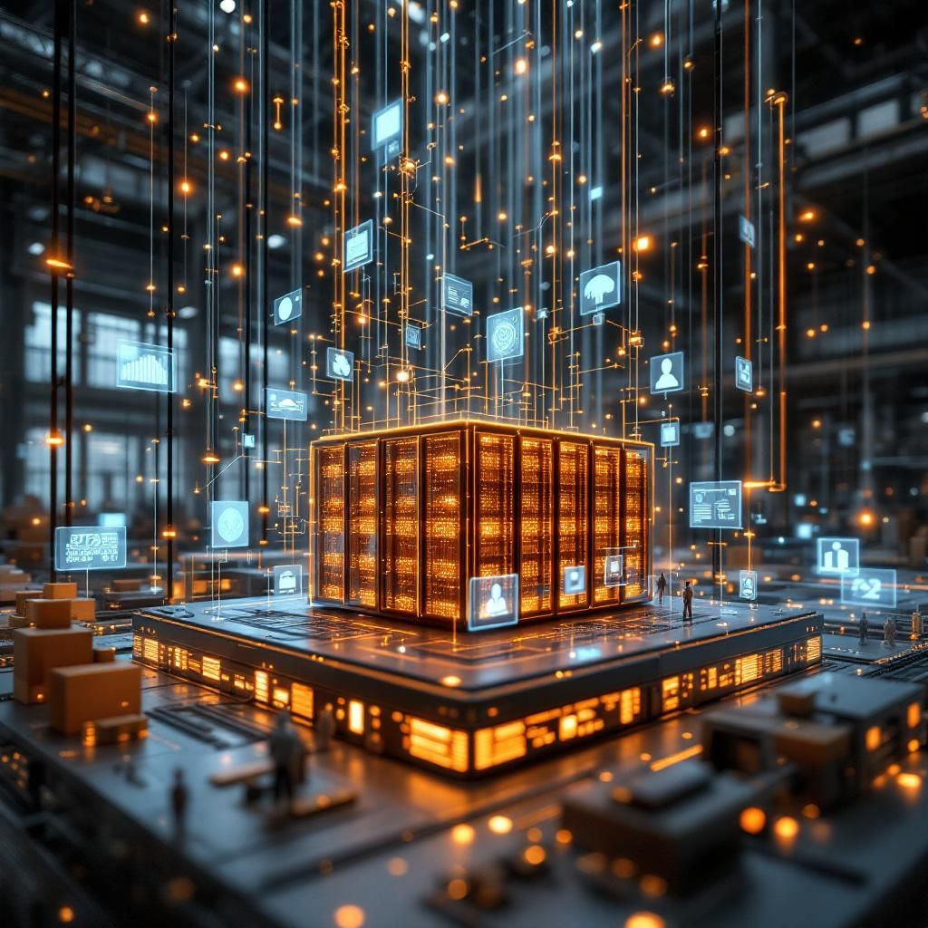 Forestil dig et realistisk, dokumentarisk billede, der visualiserer den komplekse balance mellem innovation og ansvar i AI-projekter. Det viser en moderne, højteknologisk industrihal, hvor centrale elementer som gitterstrukturer af transparente datanetværk og lysende symboler for etik, sikkerhed og lovgivning er integreret i det industrielle miljø. I midten står en stor, detaljeret model af en AI-implementering – en avanceret datacenter-udstilling med kabler og maskindele, men uden menneskelige figurer – symboliserende den rå, fysiske fundament for ansvarlig AI. Over denne er en digital skitse, der illustrerer risikovurderingsprocesser og governance-strukturer, som flyder ind i computerhardware og datalagring, hvilket understreger, hvordan disse elementer er indbygget i teknologien i et moderne produktionsmiljø. Baggrund og omgivelser er præget af subtile, realistiske miljøelementer som kontor- og laboratorieindretning, hvor værktøjer som skærme med tjeklister og diagrammer er synlige, samt design, der fremh