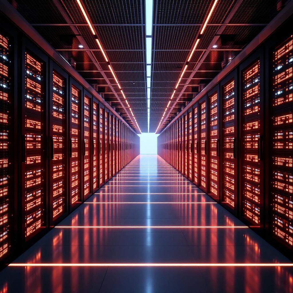 Forestil dig et nærbillede af en stor, moderne datacenter- eller serverpark, hvor en række højteknologiske, topmoderne AI-kilder er integreret i en kompleks struktur. Layoutet viser et futuristisk men realistisk scenarie med koncentration af ampullignende, slimline enheder, der symboliserer højtydende Google Cloud TPUs, arrangeret i konturer, der minder om en abstrakt kortlægning af datastrømme. Uden for fokus ses en rolig, indbygget belysning, der fremhæver de små, varme LED-lys som symbol på energibesparelse og effektivitet, samtidig med at det antyder en stor, kollektiv kraft bag infrastrukturen. Baggrunden prydes af et sfærisk mønster, der strækker sig ud i et komplekst netværk, hvilket illustrerer dynamikken og skalerbarheden i AI-infrastrukturen, der muliggøres af investeringerne. Dette scenarie afspejler en verden, hvor avanceret teknologi er skjult i hverdagen, integreret og fremtrædende i de netværk, der driver samfundets mest kritiske processer uden at fokusere på menneskelige elementer, hvilket u
