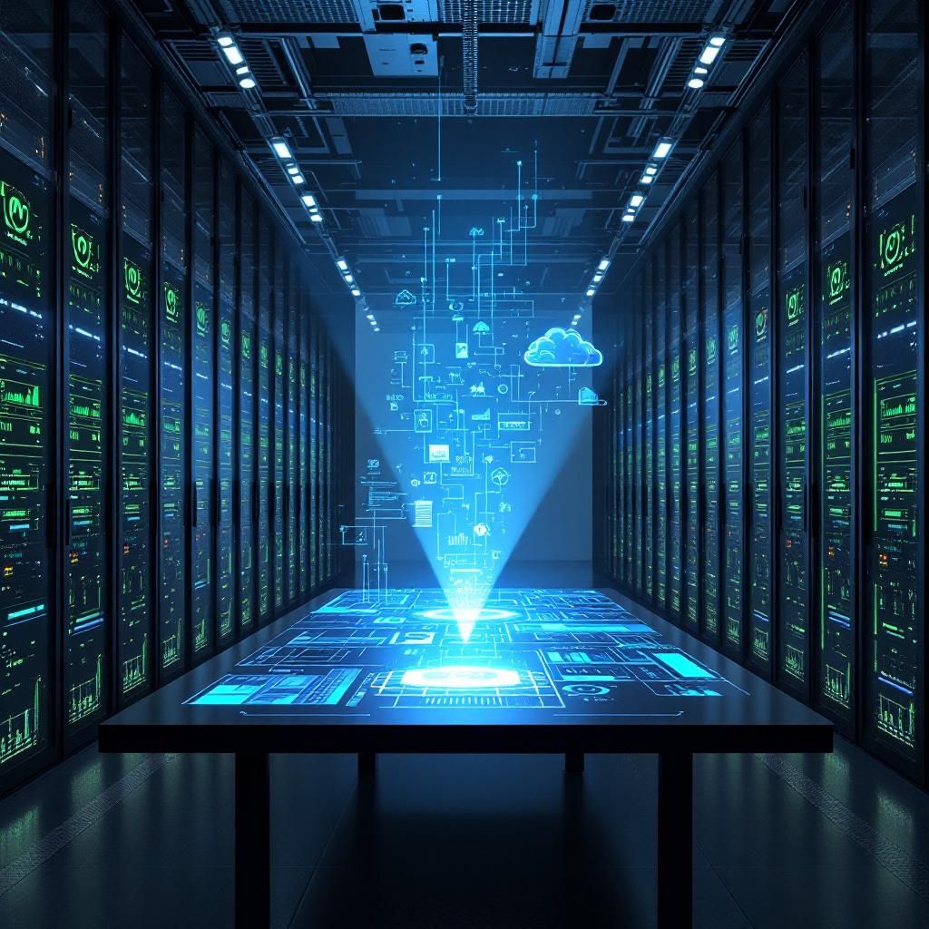 Forestil dig et omfattende, dokumentaristisk billede, der fanger det strategiske skifte i AI-infrastrukturen: En bred, realistisk scene i en moderne laboratorie- eller kontormiljø, hvor avancerede serverracks med indbyggede, grønne indikatorlys står side om side, omgivet af kabler og digitalt udstyr, der symboliserer kraft og skalerbarhed. I midten står en stor, åben tabel med holografiske projiceringer af datastrømme, grafer og cloud-arkitekturer, understøttet af et generelt miljø med fokus på forsyningskæde, datasikkerhed og compliance – elementer, der understreger den komplekse og strategiske karakter af AI-infrastruktur. Baggrunden er en glasvæg, der giver udsigt over en by med moderne kontorbygninger, hvilket symboliserer den globale betydning og fremtidsorienterede strategi, mens subtile detaljer som åbne notebook-penne, tablet-interfaces og datastrømmer visualiseret på skærme skaber et realistisk, dokumentarisk udtryk af nutidens AI-udvikling uden cliché. Billedet afspejler en tilfældig, men meningsf