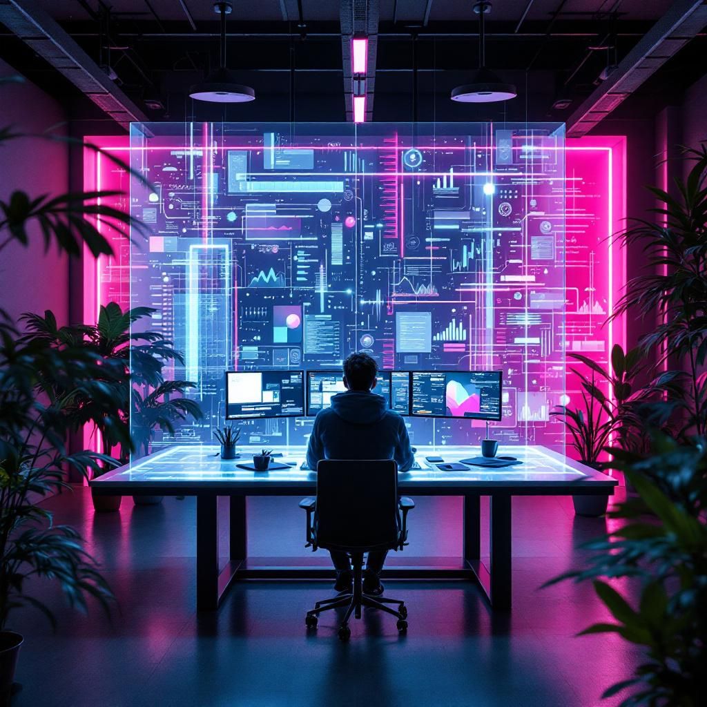 Billedet visualiserer en abstrakt, dokumentaristisk scene af en moderne videoproduktions- eller marketingafdeling, hvor teknologi og kreativitet smelter sammen i en uformel, men højgravid atmosfære. I centrum ses et stort, transparent kontrolpanel fyldt med flydende digitale data og visualizationer – symboler på avancerede AI-processer – der flyder og pulserer med lys, farver og bevægelse. Rummet er fyldt med bløde, naturlige belysninger, der reflekteres i spejlende overflader, mens subtilt pyntede vægge og grønne planter står som en kontrast til datamolnet, hvilket antyder, at innovativ teknologi nu er integreret i en atmosfære af bæredygtighed og bevidsthed. En minimalistisk, futuristisk arbejdsstation i baggrunden indeholder avancerede, men diskrete enheder, der repræsenterer hardware – alt i en jordnær, realistisk kontekst uden menneskeforbindelse – hvilket fremhæver, hvordan AI-teknologi er blevet en integreret del af det daglige produktionsmiljø. Visualiseringen giver en følelse af, at teknologien er l