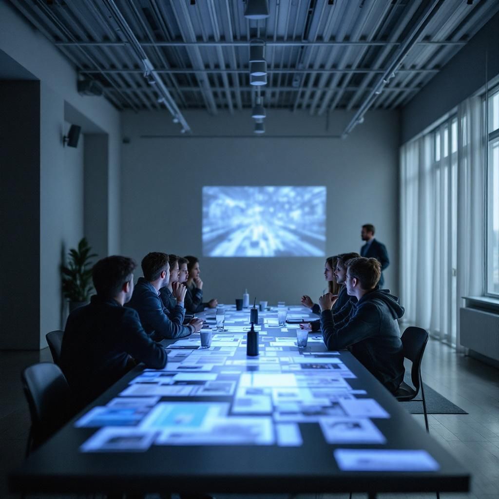 Det mest fængende og spændende foto, der kan visualisere temaet om AI-genereret indhold og dets påvirkning på samfundet, kunne være et realistisk, dokumentaristisk billede af en moderne, teknologidrevet workshop eller paneldiskussion i et åbent miljø, der symboliserer samfundets kompleksitet og dilemmaer. Forestil dig et rum uden mennesker i fokus, men med en lang, minimalistisk table med flere eksempler på AI-genererede billeder projiceret på store skærme og vægge, hvor visuelle fragmenter af både innovative og kontroversielle billeder indgår i en visuel collage. Dette understreger teknologiens kraft og den glidende transformation af visuelle udtryk i samfundet, samtidig med at det skaber en atmosfære af refleksion, etik og ansvar. Fokuset er på data, algoritmer og visuelle konsekvenser, fremfor på individuelle personer, hvilket giver et dokumentaristisk præg og understreger den kollektive debat om teknologiens sociale betydning .