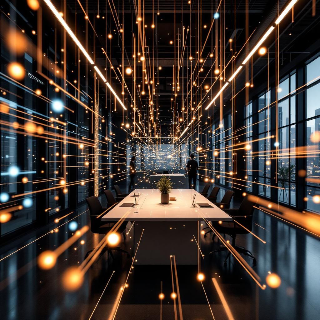 Forestil dig et nærbillede af en moderne, minhøj teknologisk arbejdsplads, hvor abstrakte dataflydninger visualiseres gennem organiserede, farverige netværk af trådløse signaler og digitale impulser. Disse impulsstrømme, symboliserer data, der flyder frit og intelligent gennem rummet, og danner en kompleks men harmonisk struktur. Denne struktur er adskilt fra mennesker, men omkranser dem som en usynlig, men livlig energistrøm af viden og beslægtet innovation, der driver den moderne organisation fremad. I midten, en minimalistisk, næsten sfærisk enhed – en symbolsk repræsentation af et agentisk RAG-system – der ser ud til at styre og integrere alle trådene, hvilket afspejler systemets selvforbedrende og udlært karakter. Dette billede formidler en realistisk, dokumentarisk atmosfære, hvor teknologiens kraft til at skabe og optimere viden er tydeligt genstand for dagligdagens industri og erhvervsudvikling. Det indkapsler essensen af, hvordan avancerede AI-systemer arbejder bag kulisserne i moderne organisatione