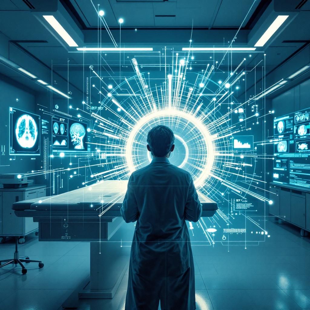 Forestil dig et realistisk, dokumentaristisk foto, hvor teknologiens indvirkning på sundhedsvæsenet visualiseres gennem en abstrakt, men informativ scene. Billedet viser en moderne radiologi-laboratorie- eller operationsmiljø, hvor en stor high-tech skærm dominerer midten af billedet, fyldt med gyldne og blå nuancer, der repræsenterer data-overførsler og komplekse billedanalytiske mønstre. På skærmen vises en digital visualisering af en CT-scanning kombineret med en PET-lignende graf, sat op som en dynamisk data-flows, der illustrerer transformationen fra rent anatomisk til funktionelt billedanalyse. Rummet er neutralt, med bløde lysrefleksioner, der fremhæver de fine detaljer i udstyret og data-skærmen, mens et område i baggrunden antyder anonyme, betegnelsesfri kliniske værktøjer og udstyr. Scene er uden mennesker, fokuserer på maskinens funktion og data-streams, hvilket fremhæver teknologiens rolle i at forbedre diagnostik i et hospital uden at citere eller portrættere personer direkte. Dette motiv unders