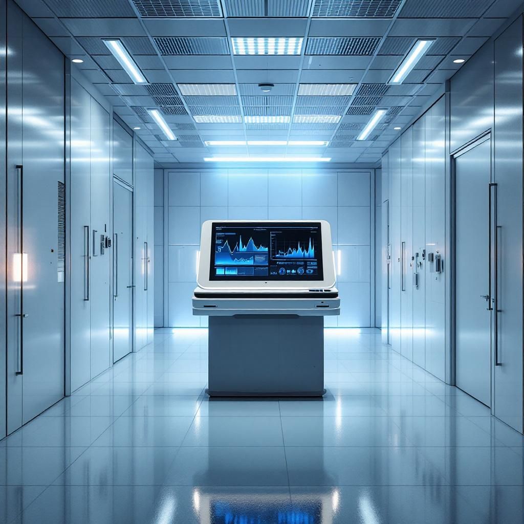 Forestil dig et realistisk, dokumentaristisk billede taget i et moderne, veludstyret hospitalsmiljø, hvor et stort, rent og klinisk udseende laboratorierum dominerer scenen. Midt i rummet står en avanceret, minimalistisk computerterminal, der symboliserer AI-teknologien bag den banebrydende billeddiagnostik, med en skærm, der viser abstrakte, digitale grafer og kredsløbsvisualiseringer, der repræsenterer dataanalyse og maskinlæring. Rummet er præget af bløde, neutrale farvetoner og præcise, funktionelle linjer, hvilket understreger fokus på teknologiens præcision og effektivitet. Alt optages i en dyb fokus, med en lav dybdeskarphed, der isolerer computerens skærm og de abstrakte visualiseringer, hvilket fremhæver dens centrale rolle i den medicinske innovation. Lyset er blødt og jævnt fordelt, med en svag, kølig blå tone, der signalerer videnskabelig nysgerrighed og præcision. Dette billede illustrerer på fineste vis, hvordan teknologi ændrer fundamentalt måden, hvorpå medicinsk billeddiagnostik udføres, ud
