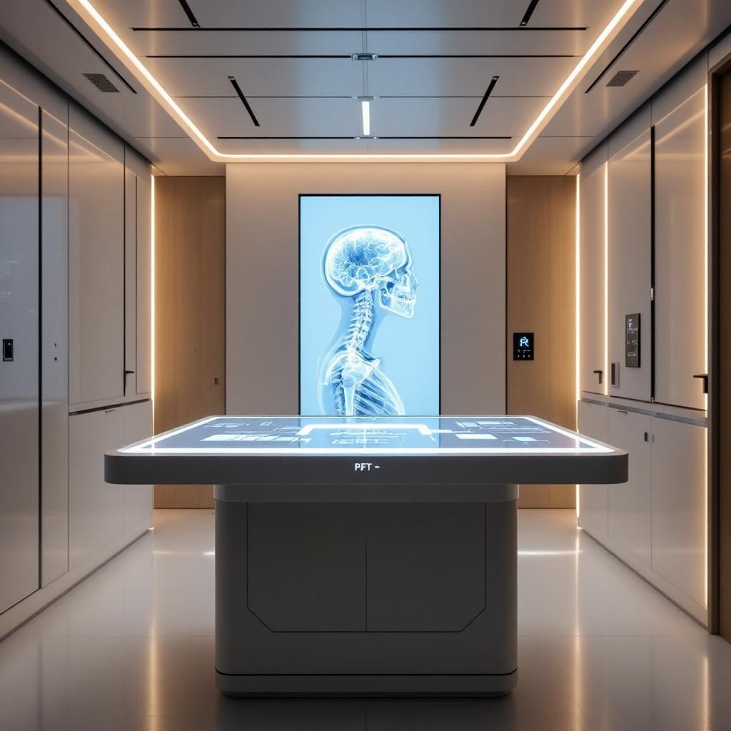 Forestil dig et dokumentaristisk, realistisk foto, der fanger den konkrete anvendelse af AI-teknologi i sundhedsvæsenet uden at vise mennesker foran computere. Bildet viser en moderne klinisk laboratorie- eller billeddiagnostik-opsætning, hvor en avanceret, minimalistisk scanning- eller analyse-enhed står midt i rummet. En stor, transparent touch-skærm, der er integreret i en væg eller et bord, viser komplekse, databaserede visuelle repræsentationer af medicinske billeddata, som kan tolkes som en fusion mellem CT og PET. Belysningen er subtil og funktionel, med bløde, blålige nuancer, der understreger den teknologiske præcision, mens selve udstyret rummer subtile LED-lys, der skifter farve i takt med billedbearbejdningen. Rummet har et rent, højtekno-udseende, med synlige kabler og driftsudstyr, hvilket understreger den dokumentariske realisme i den aktuelle hospitals- eller forskningsmiljø. Billedet illustrerer en klinisk hverdagssituation, hvor avanceret AI-drevet billedanalyse integreres i det daglige hos