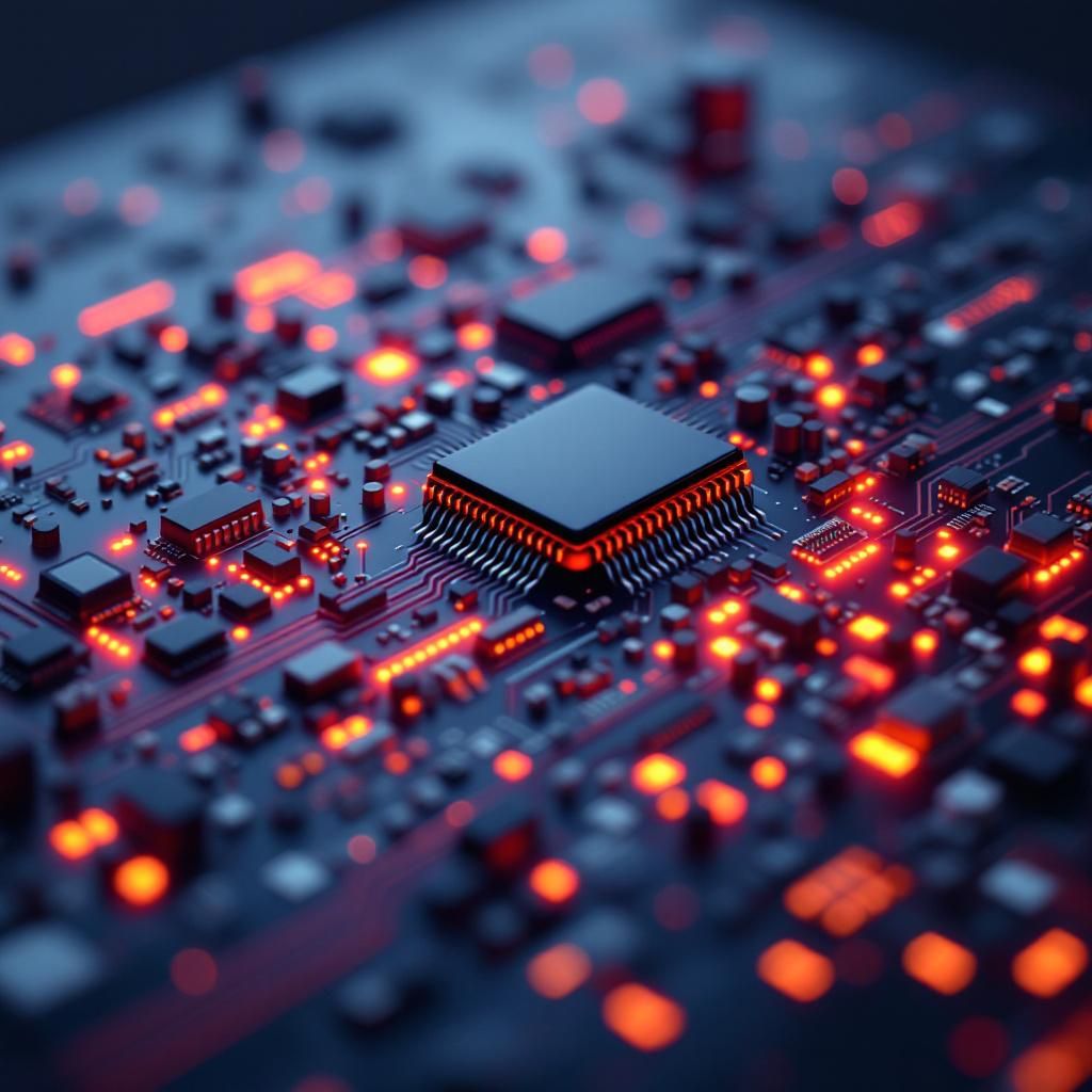 Et nærbillede af en moderne udviklingsværktøjskasse, hvor forskellige fysiske komponenter og kodefragmenter er kunstfærdigt arrangeret i en præcis, teknologisk symfoni. Billedet viser en håndfuld avancerede chips, kabler, og miniaturiserede komponenter spredt ud over en ru eller rå overflade, hvor lys og skygge spiller sammen for at fremhæve teksturer og detaljer. Overfladerne er matte, med enkelte LED-lys, der antyder digital aktivitet, og et skarpt fokus på det komplekse samspil mellem hardware og software. Baggrunden er dæmpet, med subtile skygger og et svagt, diffust lys, der afslører indretningen af et forskningslaboratorium eller innovationsrum, hvor teknologien er i konstant bevægelse. Dette abstrakte, dokumentaristiske scene illustrerer den dybe forbindelse mellem fysisk hardware og digital kodning, der driver udviklingen af avancerede AI-platforme som Cursor 2.0, hvilket visualiserer en konkret arbejdsproces for den avancerede, integrerede teknologiske udvikling uden cliché-prægede elementer — blot 