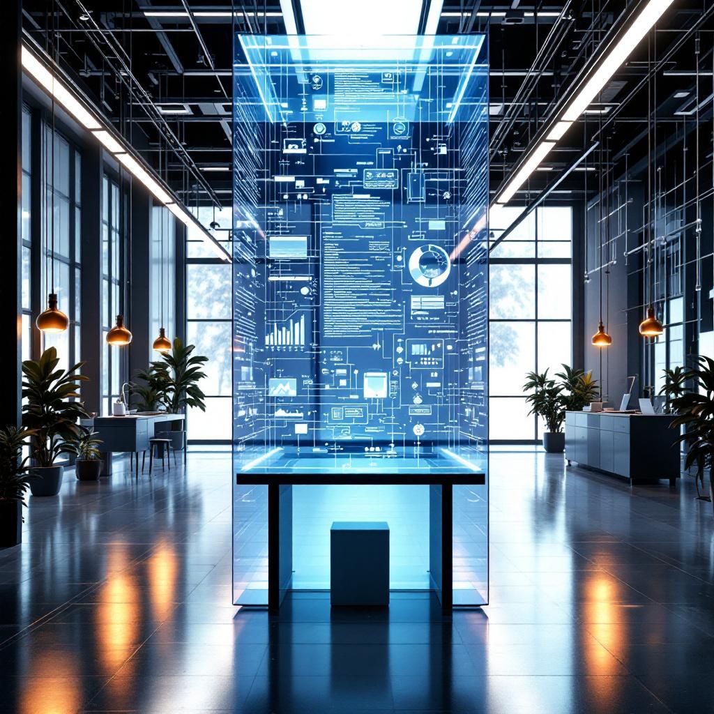 Det mest fængende og spændende billede, der kan visualisere emnet i den sidste tredjedel af artiklen, er et abstrakt, dokumentaristisk billede af et moderne, avanceret udviklingsmiljø, hvor teknologi og kreativitet smelter sammen. Forestil dig et stort, åbent laboratorium med fleksible, lyst oplyste arbejdsstationer, hvor glasmøbler og nye materialer er præget af minimalistisk design. I midten er en stor, transparent dataskærm eller et storformat display, der illustrerer komplekse kode-strukturer, AI-netværk og automatiserede processer i form af flydende, pulserende lysstrømme og databataner, der flyder gennem rummet i lag af farve og form. Over skjermene svæver holografiske grafer og diagrammer, uden at være for futuristiske eller sci-fi-inspirerede, men mere som en realistisk visualisering af avanceret AI- og softwareudvikling i nutidens miljø. Miljøet er præget af aktivitet og samarbejde uden at vise folk direkte, men gennem subtile elementer som håndbevægelse, lystryk eller refleksioner i glas og metal. 