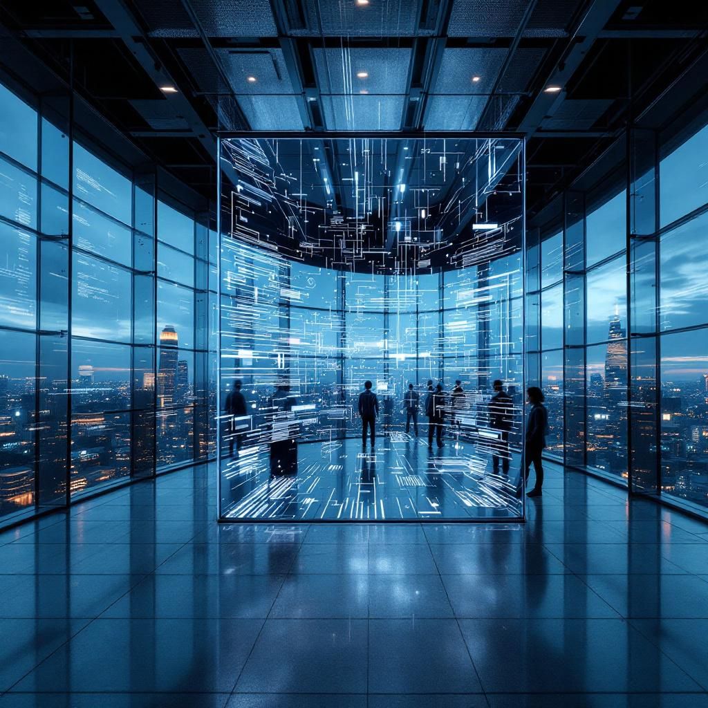 Forestil dig et dokumentaristisk foto, der viser en moderne, urban arbejdsplads efter solnedgang, hvor en stor, transparent skærm dominerer midten af billedet. Skærmen viser en kompleks, abstrakt visualisering af data- og AI-strømme — flydende, pulserende linjer og geometriske former, der symboliserer integrationen af AI i erhvervslivet. Rummet er diffust oplyst med blåt og grønt lys, der reflekterer i glas- og metaloverflader, hvilket giver en futuristisk men alligevel realistisk atmosfære, uden menneskeskildringer. Dette billede fanger essensen af AI’s nuværende rolle i industriel digitalisering og effektivisering, og dets evne til at skabe en dynamisk, integreret datamatrix, der er synlig for både eksperter og offentlighed. I det stille, men kraftfulde billede, vises fokus på teknologi i det offentlige rum uden direkte menneskelig tilstedeværelse: dataflow, AI-opereret maskineri og æstetisk, men funktionelt designede systemer, der kontinuerligt overvåger og styrer systemer. Det formidler en nuanceret virk