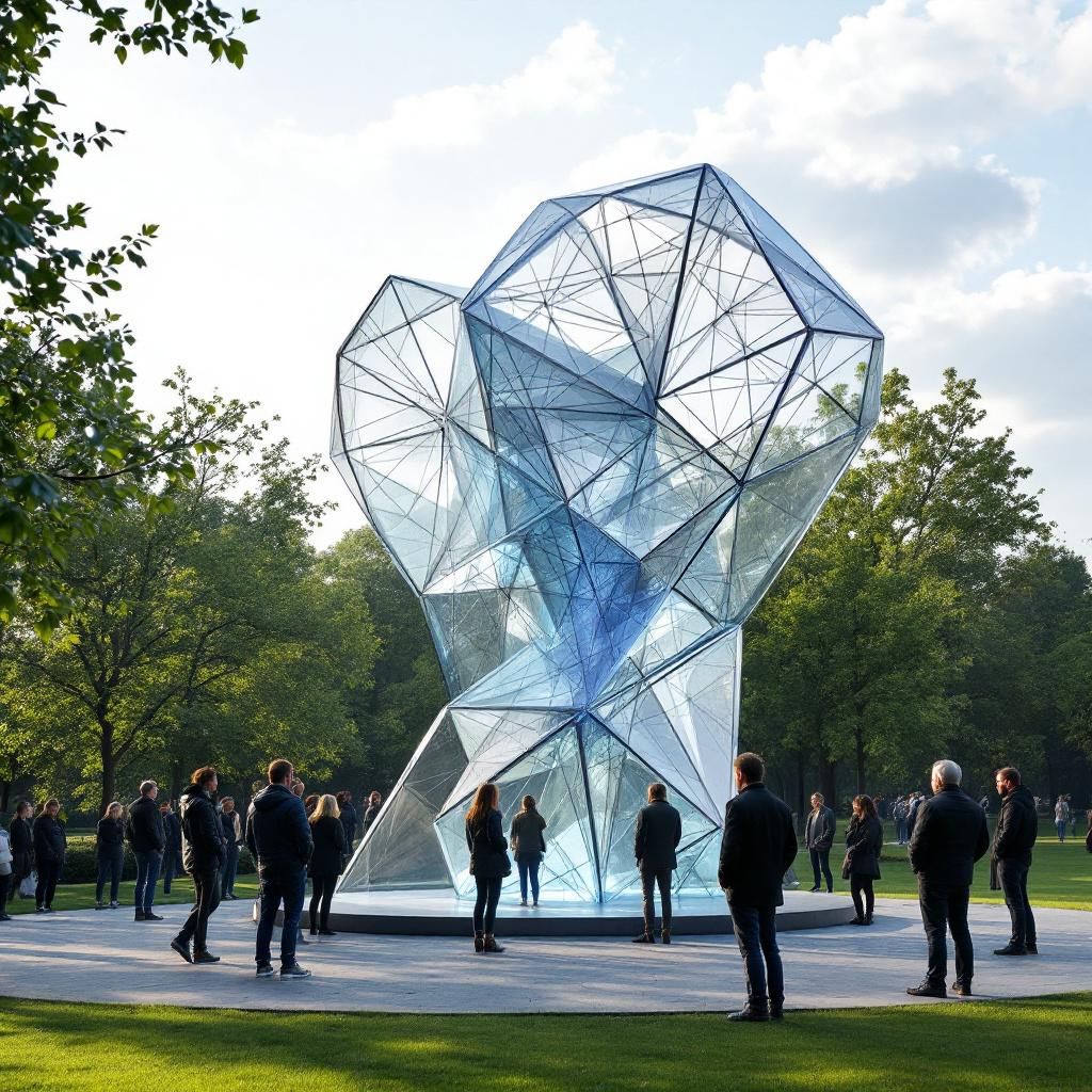 Forestil dig et dokumentarisk billede taget i en moderne bypark ved daggry, hvor en gruppe mennesker er samlet omkring en stor, transparent skulptur, der symboliserer data- og informationsstrømme. Skulpturen består af glas- og metalstrukturer i abstrakte, flydende former, der glimter i de bløde morgensolstråler, og repræsenterer den komplekse interaktion mellem teknologi og samfund. Ryggen er fyldt med grønne træer og urbane bygninger, hvilket skaber en kontrast mellem den naturlige verden og den digitaliserede virkelighed, hvor data flyder frit og åbent og understreger både mulighederne og udfordringerne ved dagens AI-innovationer. Fotoet er taget med en 35mm prime-objektiv, f/8, med en høj ISO for at fremhæve de detaljerede, reflekterende overflader og det bløde, naturlige lys. Dette billede fanger den stille, men kraftfulde stemning af innovation i færd med at blive realiseret – en visuel metafor for hvordan AI og data strømmes gennem samfundet, og hvordan teknologien er en integreret del af vores hverdag
