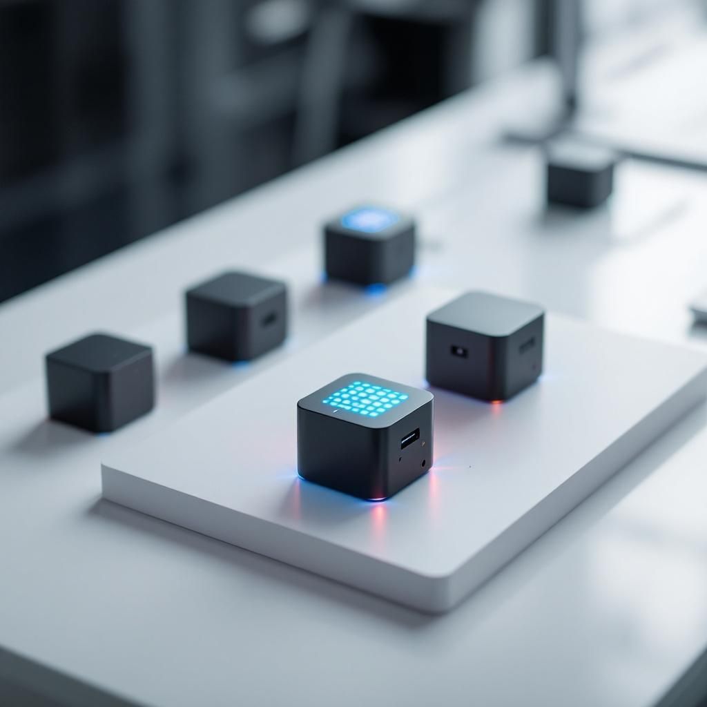 Det mest fængende og spændende foto, der dokumentaristisk illustrerer artiklen om IBM Granite 4.0 Nano-serien, kunne være et nøglebillede af en moderne, teknologisk miljørelevant case: En håndfuld små, kompakte AI-modeller visualiseret som innovative enheder, der er placeret på et minimalistisk bord i en kontor- eller laboratoriemiljø. Disse modeller fremstår som tydelige, åbne arkitektoniske strukturer af avanceret, men tilgængelig teknologi, ledsaget af små skærme, der viser data og governance-certifikater, hvilket symboliserer deres effektive, sikre og lokale anvendelse. Rummet er præget af bløde naturlige lysstrømme ind gennem store vinduer, der giver en realistisk, hverdagstro særskilt tilpasset nutidens teknologiindustri, uden at fremstå futuristisk eller sci-fi-besat. Billedet inkluderer subtile elementer af samspil mellem digitale datastrømme og fysisk sikkerhed, fx skjulte LED-linjer, der illustrerer datastyring og kryptering, samt et diskret, men tydeligt element af governance, som en lås eller c
