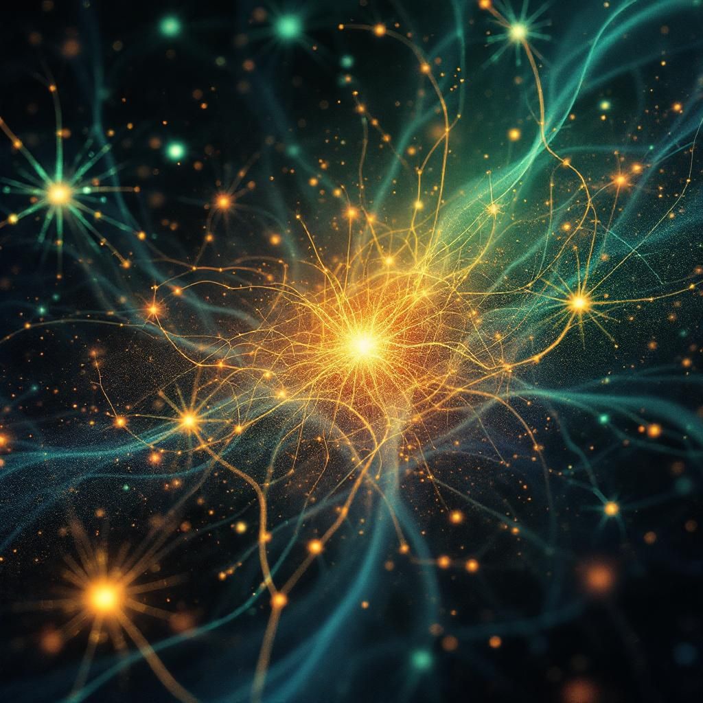 Forestil dig et nærbillede af en stor, levende neural netværksmodel, visualiseret som et komplekst, organiske net af lysende tråde, der krydser og danner et uendeligt mønster. Trådene er skiftevis varierende i farve fra dybblå til varm orange og grøn, hvilket symboliserer den lokale, biologisk inspirerede interaktion i modellen. Omkring netværket er der subtile, abstrakte illustrerede elementer af hjernens strukturer – synapser, neuroner og dataløkker – som synes at flyde frit, som om de er en del af en større, dynamisk organisme. Bagved er en dæmpet, kontrolleret baggrund med naturligt lys, der fremhæver den organiske kompleksitet uden overdrivelse, hvilket skaber en følelse af både videnskabelig oprigtighed og avanceret innovation. Dette billede illustrerer broen mellem biologiske netværk og kunstig intelligens i en dokumentaristisk, realistisk stil, uden at blive kliché, og fremhæver hvorledes moderne AI er inspireret af hjernens naturalistiske struktur.