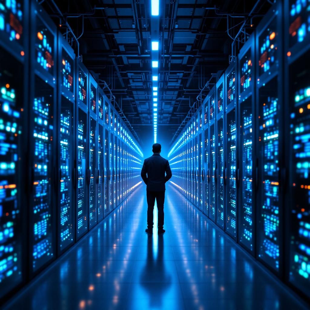 Forestil dig et dokumentaristisk billede taget i et dansk offentligt kontormiljø, hvor en gruppe medarbejdere arbejder med dataanalyse, men uden direkte at vise personer. I stedet fokuserer kameraet på en stor, moderne serverrack, der er symmetrisk arrangeret med LED-indikatorer og kabler, der symboliserer tilpasset AI-udvikling. Omkring serveren ses konkrete artefakter som notebooks, tablets og papirer med skriblerier, der illustrerer nødvendigheden af tilpassede løsninger. Lyset er blødt, med fine kontraster mellem serverens indikatorlys og de bløde omgivende skygger, hvilket signalerer både teknologiens styrke og behovet for sikkerhed. Baggrunden afslører en glasside med et digitalt display, der viser grafiske visualiseringer af data i form af kurver og modeller, som symboliserer specifik AI-tilpasning til organisationer. Det centrale motiv er en kombination af teknologiske elementer og dagligdags data, der fremhæver nødvendigheden af produktivitet, sikkerhed og skræddersyet AI – alt sammen uden menneskel