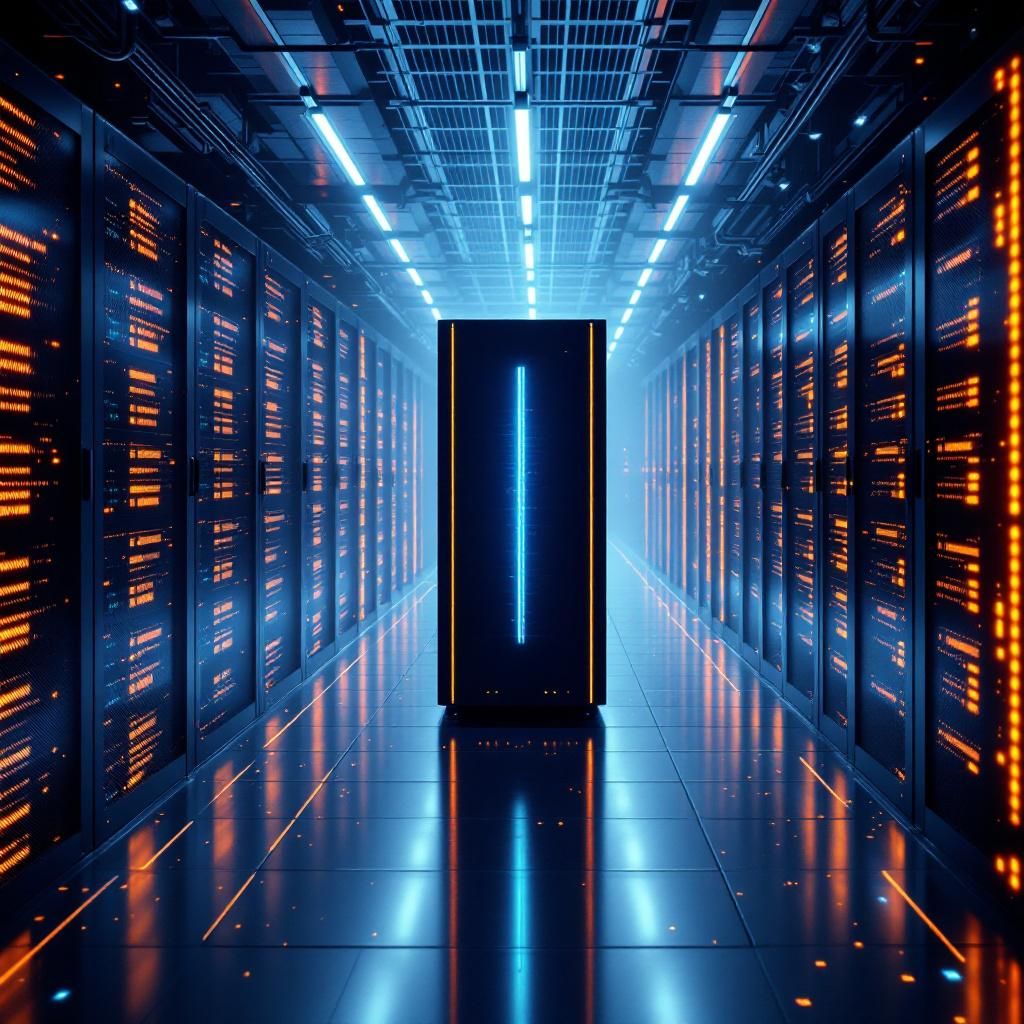 Forestil dig et nærbillede af et moderne datacenter set fra et overblik, der afspejler en abstrakt, men palpabel håndgribelighed af den teknologiske revolution, vi er på vej ind i. En stor, glat sort supercomputer står midt i billedet, belyst af dækning af subtile, pulserende LED-linjer, der skifter farve i rytme med energien i datacenteret. Klimaet i rummet er præcis og kontrolleret, med synlige avancerede kølesystemer og finjusterede kabler, der forbinder maskinen til en symfoni af datainfrastruktur. I baggrunden ses et blødt, diffust lys fra LED-skærme, der visualiserer komplekse datastrømme i form af flydende, farverige lag, hvilket illustrerer den enorme kraft og kompleksitet i AIs udvikling – et tydeligt symbol på et økosystem under hastig ekspansion, men stadig fundamentelt kultiveret og realistisk muligt. Dette billede afspejler en dagligdags, praktisk anvendelse af den nyeste AI-teknologi i et miljø, hvor man arbejder for beskyttelse af vores energiresurser, forbedret sundhedspleje og avanceret f