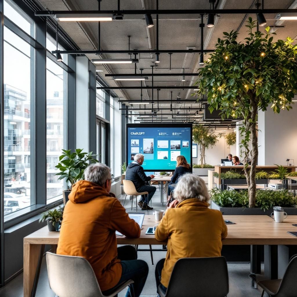 Det mest fængende og relevante billede, der afspejler emnet i artiklens tredjedel, kan være en dokumentaristisk gengivelse af en moderne, offentligt miljø, hvor teknologi er integreret i dagligdagen. Forestil dig en billedoptagelse af en stor, veldesignet offentlig kontorbygning med åbne arealer, hvor ældre mennesker i en naturlig, hvilende kollektive aktivitet – eksempelvis en borgermøde eller en informationssession – interagerer med digitale skærme, der viser konkrete dataindsigter fra ChatGPT’s anvendelse. I baggrunden ses store, skærmbasedde informationsstationer, med visuelle grafer og ikoner, som illustrerer integrationen af AI-værktøjer, uden fokus på personer ved computerskærme, men i stedet på den offentlige sektor som et dynamisk, åbent miljø, hvor teknologi er en naturlig del af samfundets infrastrukturer. Fotografiet fortæller en historie om, hvordan AI og digital teknologi bliver en integreret del af borgernes hverdag i det offentlige, med fokus på tillid, gennemsigtighed og praktisk brug. Den r
