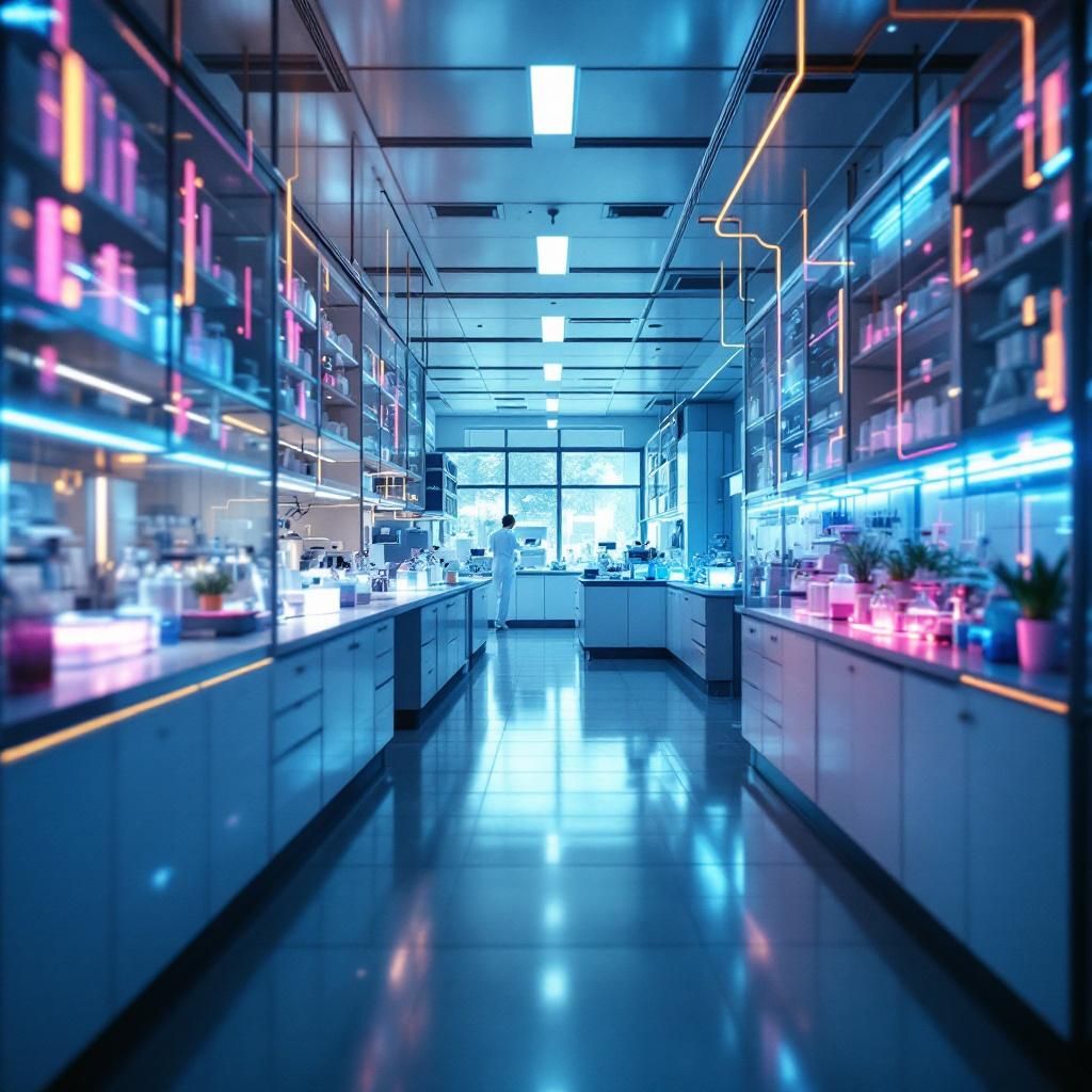 Det mest fængende og spændende billede, der afspejler emnet i artiklen, kunne være en dokumentaristisk scene, hvor en stor, avanceret laboratorie- eller klinisk studiefacilitet er visualiseret med abstrakte, dynamiske datastrømme, der flyder gennem rummets miljø. Forestil dig et stort, åbent rum med slanke, moderne laboratorieborde og teknologiske enheder, hvor tydelige, letgenkendelige data- og informationsstrømme strømmer i form af lysende, neonfarvede linjer og kurver mellem forskellige systemer. Disse strømme illustrerer, hvordan AI automatiserer datahåndtering og strukturerer information i realtid, uden direkte menneskelig interaktion, hvilket symboliserer hastighed, præcision og sikkerhed. Teknologien vises som et komplekst netværk af sammenkoblede elementer, som samtidig fremstår jordnært og realistisk, uden sci-fi-illusioner, men med en tydelig futuristisk, men praktisk fortolkning af, hvordan moderne kliniske forsøg forbedres gennem AI-støtte. Billedet kan f.eks. indeholde en neutral, industriel ram