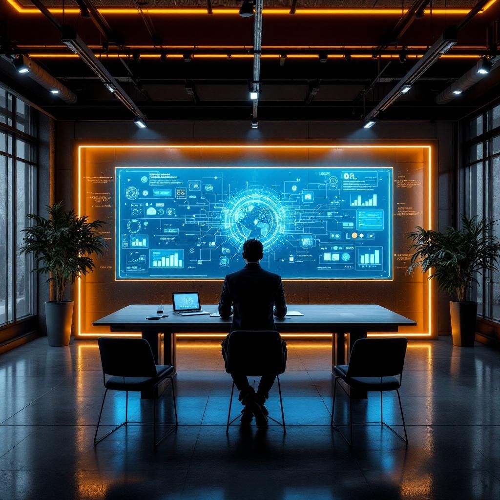 Forestil dig et dokumentaristisk, realistisk billede, hvor et moderne, højteknologisk kontrolcenter udfolder sig i en tryg, industrielt inspireret atmosfære. I midten af billedet ses et stort, transparent vægpanel, der viser en kompleks digital visualisering af et AI-systems compliance-processer – med netværk af flydende, lyse linjer, grafiske symboler og indstøbte ikoner, der repræsenterer politiker, regler og datastyring. Rummet er dæmpet, med bløde LED-lys, der fremhæver strukturer og giver en høj kontrast til de subtile, matte overflader i rummet. I den ene side kan man ane skærme, der viser realtidsdata, logs og verifikationsresultater, mens en minimalistisk fysisk model af en AI-arkitektur står på et bord, symboliserende transparens og kontrol. Ud af fokus er der et tydeligt mønster af regelbaserede netværk, der illustrerer formal verification-processen, og på væggene er indrammede dokumenter og flowcharts, der viser en proces med løbende policy-iteration og compliance-validering. Atmosfæren er uden me