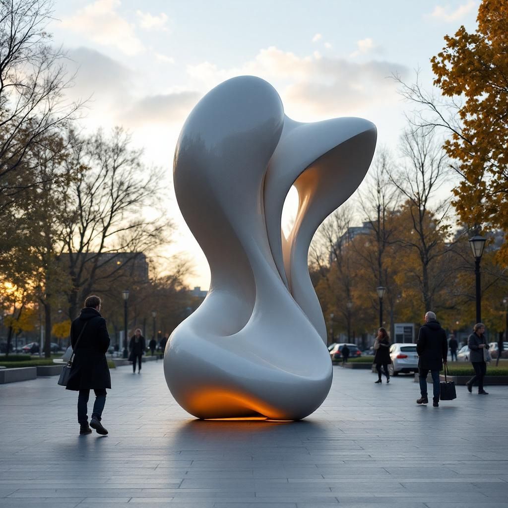 Forestil dig et realistisk, dokumentarisk foto taget i en moderne, urban bypark på en hverdag uden mennesker. I midten står en stilfuld, minimalistisk skulptur, der er en kunstnerisk abstraktion af en stemmekloningsenhed – glatte organiske former med subtle belysning, der skifter farve i takt med omgivelserne. Ryggen bag skulpturen er en stor LED-væg, der afspejler en dynamisk, visuel animation af lydbølger og digitale stemmer, der flyder sammen og adskilles i en rytmisk bevægelse. Dette symboliserer overgangen fra individuel stemme til kollektivitet, samtidigt med at det fanger teknologien’s tilgængelighed og dybde i samfundet. Omgivet af grønne træer og urbane byggestile uden mennesker, demonstrerer billedet den integrerede indflydelse af syntetiske stemmer i dagligdagen – ikke som en sci-fi scene, men som en naturlig del af nutidens samfundsstrømme, hvor teknologi smelter ind i miljøet gennem kunst, design og offentlige rum. Den visuelle kontrast mellem det organiske og det digitale understreger den balan