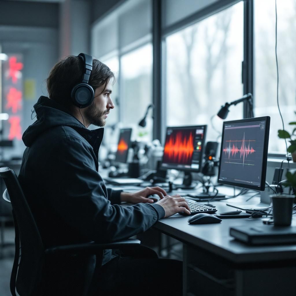 Billedet, jeg forestiller mig, er et dokumentaristisk og realistisk billede af en typisk dag i et moderne laboratoriemiljø, hvor syntetiske stemmer bliver udviklet og testet. Det viser en række laboratorierum med avanceret udstyr, såsom lydredigeringsstationer og maskerede mikrofoner, hvor forskere arbejder anonymt og fokuseret på lydfiler, der er spredt ud over et digitalt kort på væggen. Midt i billedet er en række højtaler- og mikrofonopsætninger, der demonstrerer teknologien bag stemmekloning, uden at vise personer, men i stedet fokusere på de komplekse, computergenererede data, der flyder gennem kabler og skærme. Baggrunden er fyldt med store skærme, der viser visuelle visualiseringer af lyddata og algoritmer i realtid, med farvekodede bølger, ikoner og grafer, der tydeligt dokumenterer den avancerede teknologi. Det diffuse lys fra LED-skjerme og bløde, naturlige belysning fra loftet skaber en stemning af både innovation og forsigtighed, hvilket afspejler den kritiske dialog om teknologiens muligheder o