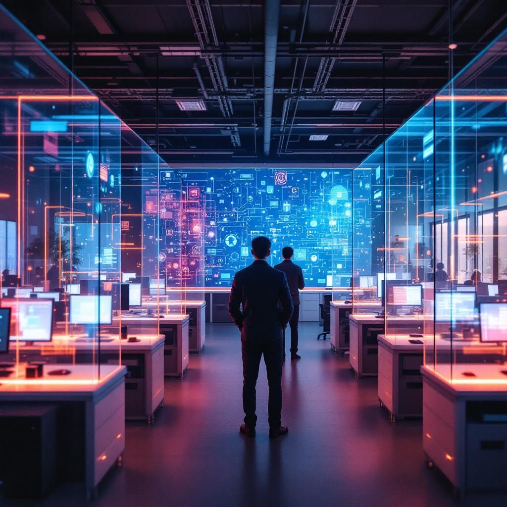 Forestil dig et dokumentaristisk fotografi taget i et moderne forskningslaboratorium, hvor Sammenhænge mellem teknologi og dagligliv tydeligt træder frem. Billedet viser en række åbne, lyse arbejdsstationer uden mennesker, hvor komplekse datastrømme visualiseres gennem store, transparente skærme med flydende, abstrakte grafikker og netværk af kvadratiske moduler, der repræsenterer AI-træningsprocesser. I midten hænger en stor, vægmonteret skærm, der projicerer en dynamisk animation af data, der flyder i form af farverige, tråd-lignende strukturer, hvilket symboliserer den kontinuerlige opdatering og forbedring af små sprogmodeller gennem Supervised Reinforcement Learning (SRL). Atmosfæren er præget af en rolig, fokuseret stemning, hvor teknologiens effekt på datastyring og omkostningseffektivitet bliver tydelig gennem den visuelle kompleksitet. Det levende, realistiske motiv fremhæver det aktuelle arbejde med forskerteamet bag scenen, hvor en gruppe teknikere og forskere, med minimal tilstedeværelse af perso