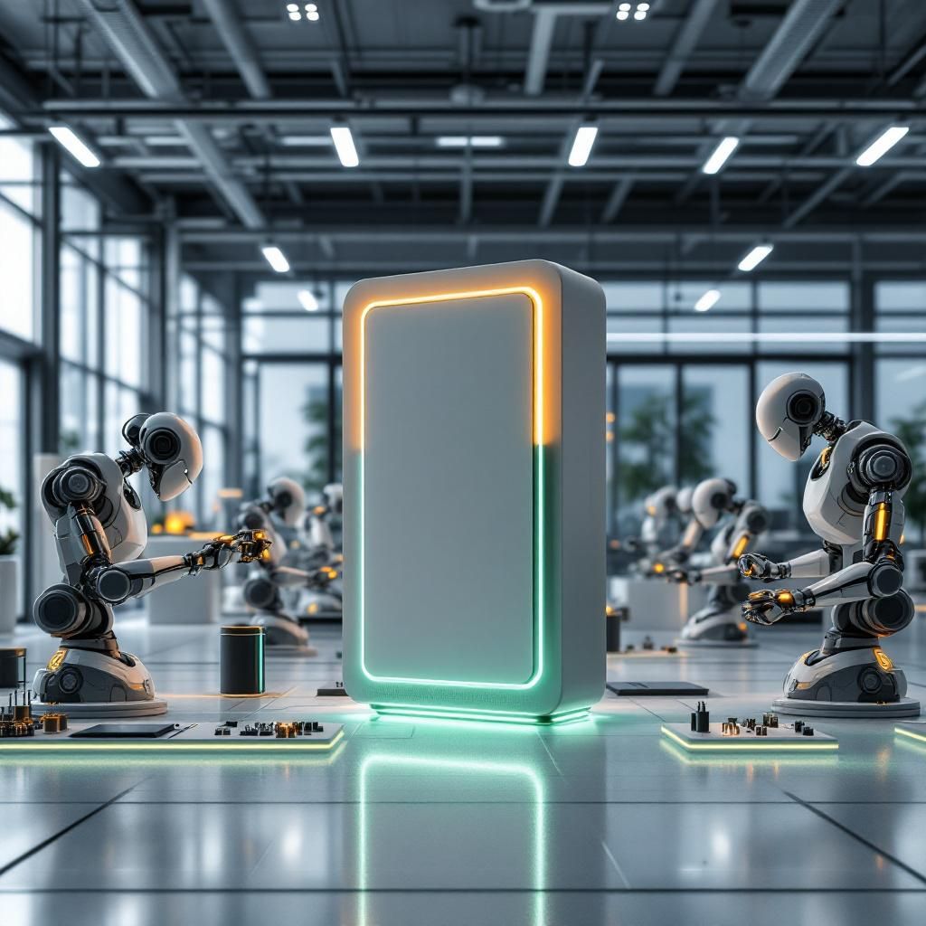 Forestil dig et realistisk og konkret billede, der skildrer en moderne, funktionel industrimontagehal, hvor teknologien i fokus manifesterer sig i et innovativt forsknings- eller produktionsmiljø. Midt i billedet står en slank, kompakt AI-supercomputer, designet med rene, organiske former og en mat sort finish, oplyst af subtile LED-linjer i blå og grøn nuancer, der skaber en rolig, men futuristisk stemning. Omkring enheden er der områder med avancerede robotarme, der præcist og stille arbejder med små komponenter, hvilket illustrerer den praktiske anvendelse af den avancerede træningsmetode Supervised Reinforcement Learning (SRL). I baggrunden ses industrielle hylder med yderligere teknologi og udstyr, samt en stor, detaljeret skærm, der viser grafiske visualiseringer af AI-modeltræning og dataflow i realtid. Atmosfæren er præget af en blanding af industrial design og højteknologisk funktionalitet; der er ingen mennesker synlige, men bevægelse i form af automatiserede systemer og robotter demonstrerer en f