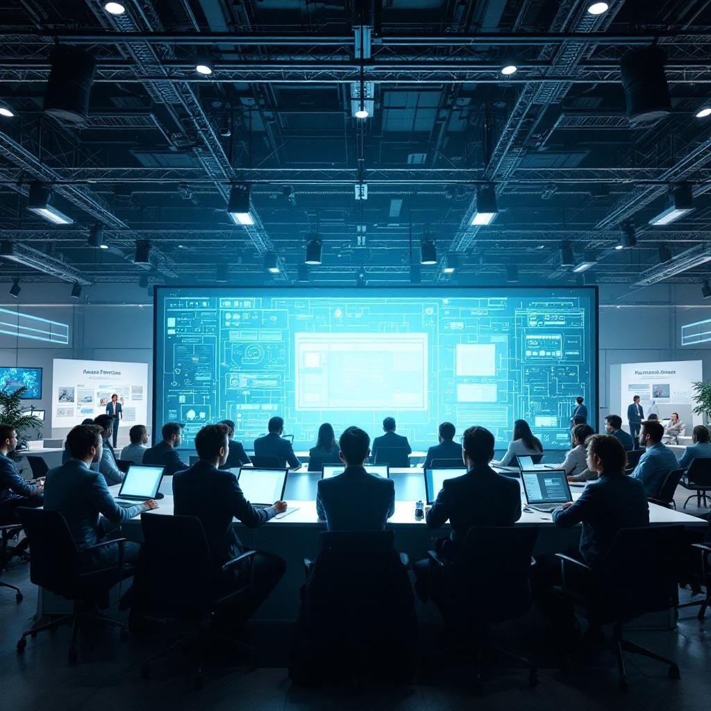 Billedet, der bedst visualiserer den komplekse, dokumentaristiske kerne af denne teknologi, kan være en tætskuddet, realistisk optagelse af en moderne, industriel evalueringszone på en stor enterprise-messe. Billedet fremviser en bred, åben arbejdsstation med avanceret, minimalistisk udseende testudstyr — en serie af små, sorte robotlignende enheder eller servere, der er korrekt organiseret og tydeligt markerede under klare, hvide LED-lys. Omgivet af en gruppe udenforstående, forskere, bedriftsrepræsentanter eller ingeniører, står de i en opmærksom, ikke-detaljeret, men alligevel spændt afventer kommentarfeltet, hvor systemer bliver testet i realtid. Bagved er store, levende skærme, der viser grafer og diagrammer med resultater, samt teksturer og grafiske visualiseringer, der illustrerer AI'ers nøjagtighed og robusthed i selve performancevurderingen — uden at fremstå som noget futuristisk eller overdrevent, men som en naturlig, dokumentaristisk del af en moderne teknologisk evaluering i praksis. Det er et æ