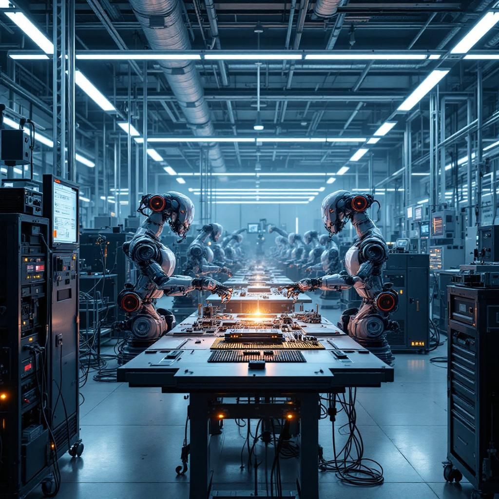 Bildet jeg forestiller mig, er en dokumentaristisk, realistisk optagelse af en moderne produktions- og testfacilitet, hvor kunstig intelligens og robotteknologi er i fokus uden at inkludere menneskelige personer i centrum. Det viser et stort, industrielt miljø med avancerede, automatiserede robotarme, der håndterer hardwarekomponenter på en præcis måde, og specialiserede laboratorieborde med synlige elektroniske styreenheder. Overfladerne er rene, organiserede og omgivet af skærme, der viser realtidsdata, grafikker over systemets ydeevne, fejlscenarier og edge cases, hvilket fremhæver teknologiens kritiske funktion i enterprise- miljøer. Lyset er køligt og funktionelt, med bløde nuancer og reflekser, der understreger præcision og avanceret ingeniørkunst. I billedet dominerer et åbent og klart miljø, hvor fokus er på de komplekse, men kontrollerede processer af AI- og software-testing uden menneskelig tilstedeværelse direkte i billedet. Det giver en følelse af en tidlig, realistisk implementering i en routine