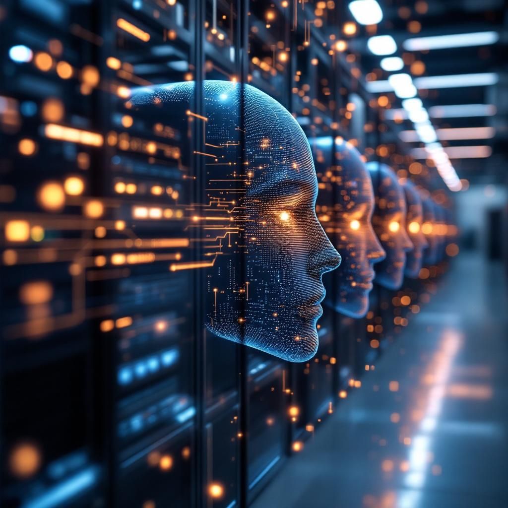 Forestil dig et dokumentarisk, realistisk fotografi, der abstraherer den komplekse virkelighed af AI-benchmarking i enterprise. Billedet viser en stor, professionel produktions- og testfacilitet, hvor en bred række moderne, silhuetagtige maskiner og serverrækker står i fokus, oplyst af bløde, axiale LED-lysninger, der skaber en dynamisk, futuristisk atmosfære uden at det bliver sci-fi. Over maskinerne svæver subtile, farverige linjer af datastrømme, visualiseret som flydende, abstrakte energibånd, der symboliserer AI-agenternes flow og vurderingsprocesser, uden at afbryde den dokumentariske og realistiske stemning. Det hele sker i en højloftet, industriel setting med minimal menneskelig tilstedeværelse – fokus er på systemerne, på den teknologiske infrastruktur og den subtile dynamik af kompleks evaluering i realtid. En central del af billedets komposition er en stor, central LED-skærm, der viser en overordnet visualisering af data 'heatmaps' og performancescores, indrammet med en subtil refleksion af lys, s