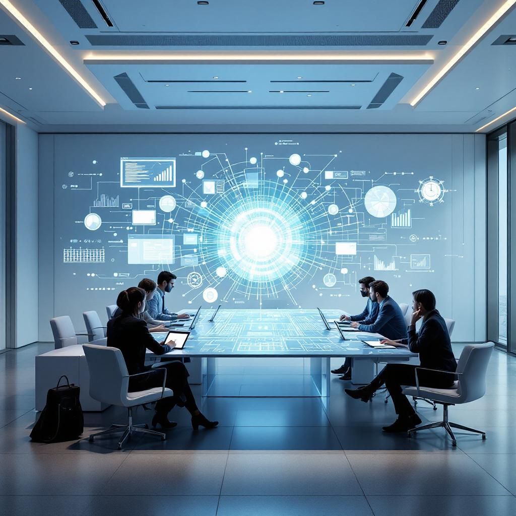 Forestil dig et realistisk, dokumentarisk fotografi, der fanger et dagens moderne kontormiljø, hvor teknologien er dybt integreret i den strategiske beslutningsproces uden direkte involvering af personer. Billedet viser en stor, stilfuld konferencebord, der er dækket af tablets, laptops og interaktive skærme, hvor data og komplekse visualiseringer af AI-systemer flyder i realtid. I centrum står en stor, transparent skærm, hvor abstrakte, geometriske former symboliserer værktøjsvalg, hukommelseskompression og dynamisk reasoning, støttet af farverige datalinjer og netværksvisualiseringer, der illustrerer de tekniske processer i DeepAgent. Lyset er blødt, med subtile glødende effekter, der understreger det avancerede, men stadig håndgribelige emne, mens refleksioner og skygger skaber en følelse af dybde og kompleksitet i det nyeste digitaliserede miljø. Dette billede forbinder dagligdagen i nutidens virksomhedsmiljøer med den abstrakte kompleksitet af avancerede AI-systemer, uden at fokusere på konkrete person