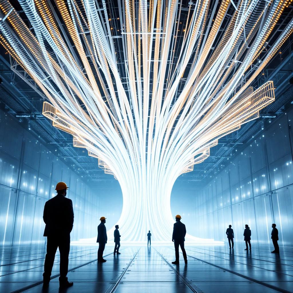 Mit foto ville forestille en realistisk, dokumentaristisk scene set i en moderne, energimedvet datacenter-udstilling eller industriel hall. I fokus er en gigantisk, abstrakt struktur, der symboliserer datacentrenes energiforbrug—en massiv, struktureret installation af højteknologiske kabler og kølesystemer, med indbyggede LED-lys, der skifter farve og visualiserer energidata i realtid. Omkring står små grupper af teknikere og ingeniører, der diskuterer, og de bevæger sig i en atmosfære præget af fokus og seriøsitet, uden at afbryde den teknologiske æstetik. Baggrunden er fyldt med høje racks og køleaggregater, mens lyset fra spirende LED-strømme og noder indrammer et miljø, der kombinerer industriel funktion med visuel energi, hvilket fremhæver datacenterets voksende energifrænde og kritiske rolle i digitaliseringen. Billedet visualiserer den abstrakte energistrøm gennem strukturerne, hvor lyse, dynamiske linjer og animationer illustrerer strømmen af data og de høje energibehov, i en måde der balancerer rea