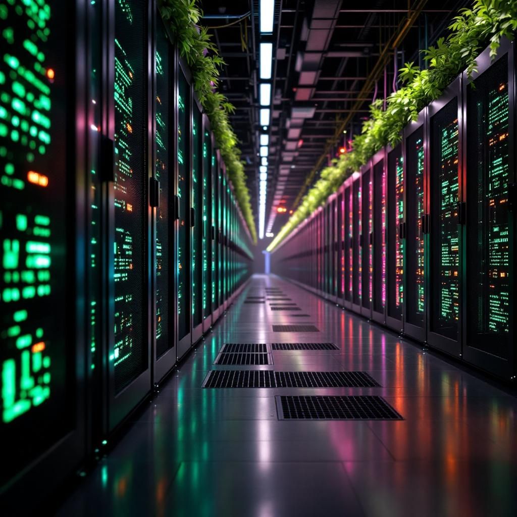 Det mest fængende og relevante billede, der afspejler artikelens indhold om energikrisen og AI-datacentres betydning i nutiden, kan være en dokumentaristisk, realistisk scene af en stor, moderne datacenter-hal. Billedet viser en lang række kraftfulde serverrækker, hvor kabler og blæseranordninger er synlige, men i stedet for at fokusere på tekniske detaljer, fremhæves energiforbrug og bæredygtighed gennem symbolik: store LED-lys, der skifter farve for at indikere energibesparelse, og en indfødt grøn plante, der spontant er integreret i installationen, hvilket illustrerer den grønne omstilling. Billedet antyder en veletableret, high-tech infrastruktur, hvor det økologiske aspekt er integreret, uden at det bliver stiliseret futuristisk eller cliche, men forbliver grounded i nutidens realiteter. Samtidig kan kameraet være sat med en lidt lav vinkel for at fremhæve den monumentale størrelse og betydning af datacentrene i energidebatten, med en naturlig, blød byskygge i baggrunden, hvilket kommunikerer den globale
