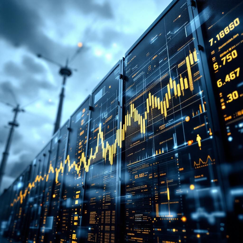 Forestil dig et dokumentaristisk, realistisk billede, hvor en stor, moderne datacenterfacade dominerer scenen. Perspektivet er lavt, med kameraet fangende de komplekse, solide strukturers skygger og detaljer – ventilationsporte, kabelføring og forseglede serverrum, der antyder den enorme energi, de bruger. I forgrunden er et farveteknisk overlay af transparente energidata, diagrammer og grafer, der flyder over billedet som en subtil, abstrakt visualisering af energiforbrug og effektivitet. Denne kombination symboliserer datacenterets kraftfulde, men også energitungtige natur, samtidig med at den understreger de teknologiske løsninger til energistyring og grøn omstilling, og hvordan disse skaber en balance mellem innovation og bæredygtighed.