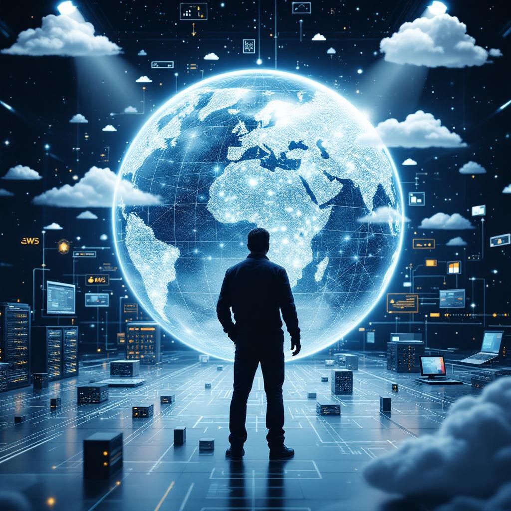 Det mest fængende og spændende billede, der kan visualisere artiklens tema om OpenAIs multi-cloud strategi, er en realistisk, dokumentarisk foto, der fremviser en moderne, global infrastruktur i praksis. Forestil dig et højteknologisk kontrolrum, hvor en stor, transparent globe er omgivet af strukturer med mange data- og netværkskabler, der symboliserer de forskellige cloud-leverandører som AWS, Microsoft og Oracle. I midten står en silhuet af en datacenter-arkitekt eller IT-specialist, der står foran denne visualization, uden personens ansigt skal være tydeligt, men miljøet skal afspejle det komplekse, globale netværk, som understreger både samarbejdet og konkurrenceaspektet i AI-infrastrukturen. Billedet skal have en realistisk, dokumentaristisk stil med dybt fokus på miljø og teknologiske elementer, herunder en naturlig dag- eller aftenbelysning, hvor lysrefleksioner fra skærme og kabler skaber en følelse af intensitet og globalitet. Det skal fremhæve den abstrakte, men samtidig konkrete betydning af AI-i