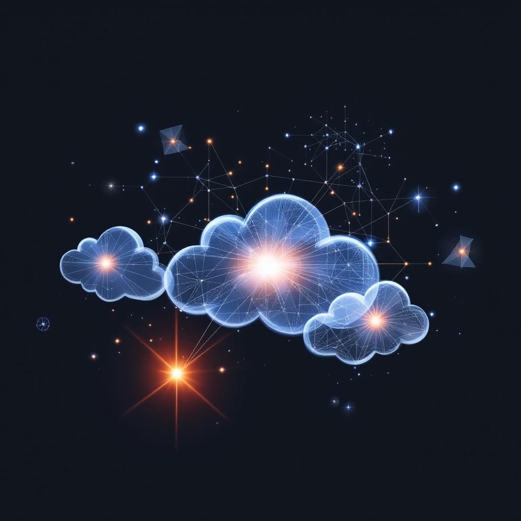 Forestil dig et dokumentarisk, realistisk billede, der visualiserer strategien bag OpenAIs multi-cloud tilgang uden at fokusere på enkeltpersoner eller teknologi direkte. På billedet ses en kompleks, abstrakt opsætning af tre store analytiske data- og grafikkort, der repræsenterer cloud-udbyderne: AWS, Microsoft og Oracle, placeret på en måde, der antyder en sammenkobling, men med tydelige afstande og overlapninger, der symboliserer forskelligheder og strategisk samspil. Over disse grafikker flyder et netværk af transparente bølger eller strømme af lys, som symboliserer data, der flyder mellem de forskellige cloud-partnere, og illustrerer den fleksible, multi-cloud-strategi, uden at inddrage personer eller kontormiljø. Baggrunden er en stop-motion-inspireret scene med subtile shipment- og logistikelementer som containere eller serverfaciliteter, der antyder den fysiske infrastruktur, og giver en dynamisk fornemmelse af en global, logistisk og teknologisk kontekst. Albuer af blåt, gråt og svagt grønligt lys 