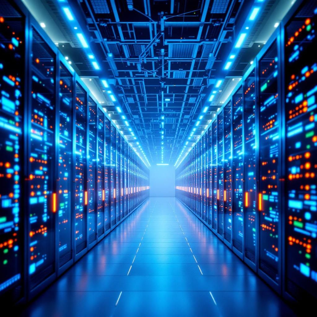 Forestil dig et optisk sammenskud af nutidens AI-infrastruktur, der fanger essensen af den komplekse multi-cloud strategi i en realistisk, dokumentarisk scene. Billedet viser en stor global datacenterpark, hvor flere parallelle lag af bløde LED-lys — i blå, grønne og gule nuancer — symboliserer skiftende cloud-udbydere som AWS, Microsoft og Oracle, integreret i en dynamisk, men harmonisk helhed. I forgrunden er et topmoderne, minimalistisk netværksdistributionscenter med kabler og serverrack, hvor strømmen af data strømmer gennem subtile lyssignaler, der skifter i takt med databehandlingens flow. En række små, glødende indikatorlamper viser kapaciteter og aktivitet, hvilket antyder en fysisk manifestation af AI’s uendelige arbejdsstrømme. I baggrunden viser store, semi-transparente skærme en visuel visualisering af AI-arbejde i realtid – datamønstre, grafer og skalerbare grafer – hvilket illustrerer den komplekse koordinering mellem adskillige cloud-aktører. Dette scene illustrerer ikke kun en teknisk infras