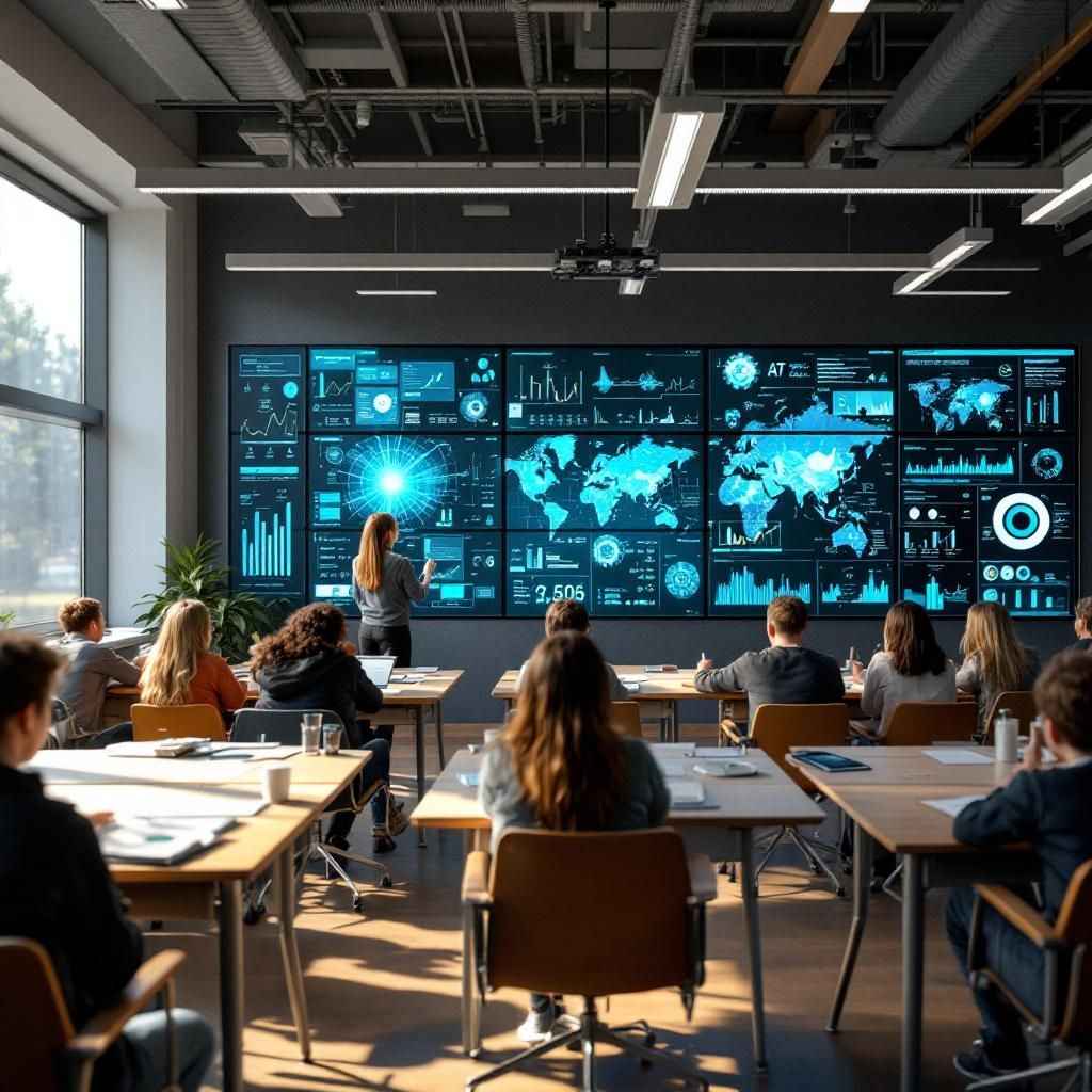 Et realistisk, dokumentaristisk billede, der afspejler AIs indtog i skolen uden at fokusere på mennesker foran skærme, kan vise en moderne klasseværelse, hvor teknologi er integreret i det fysiske miljø. Forestil dig en læringszone med dimensionelle, interaktive vægge eller vægpaneler, der fungerer som informations- og inspirationskilder, pyntet med visualiseringer af data, grafer og AI-modeller, der symboliserer teknologiens rolle i læringen. Rummet er fyldt med naturalistisk lys, der strømmer ind gennem store vinduer, og her kan nogle elever i baggrunden, uden at fokusere på deres ansigter, interagere med fysiske modeller eller digitale displays integreret i væggene, hvilket understreger teknologiens rolle som en naturlig del af det daglige, lærende miljø. Dette billede fremhæver en miljømæssig og konceptuel tilgang til AI, hvor teknologien er indlejret i læringsrommet, og hvor den fysiske omgivelse formidler dens indvirkning på uddannelse. Det illustrerer en virkelighed, hvor AI er et værktøj, der er int