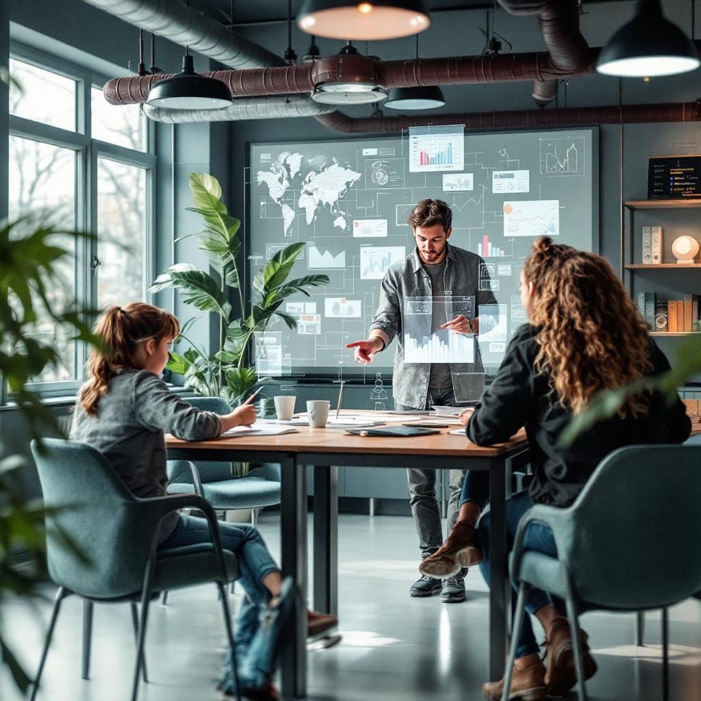 Jeg vil skabe et kraftfuldt, detaljeret billede, der abstraherer den virkelige verden gennem en dokumentarisk linse, uden at anvende sci-fi eller futuristiske elementer. Billedet viser en åben skolegård i en almindelig, moderne skole, hvor elever og lærere er i færd med at engagere sig i en aktivitet, hvor teknologien er integreret uden at dominere. Et centralt motiv er en gruppe elever, der bruger bærbare enheder til at samarbejde omkring et intuitivt, digitalt kort, hvor data-visualiseringer som grafer og diagrammer flyder som organiserede, abstrakte mønstre i luften omkring dem. Omkring denne scene kan man se lærere, der vejleder og observerer, uden direkte at interagere med teknologien, hvilket understreger teknologiens uundgåelige men integrerede rolle i det daglige læringsmiljø. Billedet bruger naturlige lysforhold, hvor sollys filtrerer gennem træer og vinduer, der reflekterer subtile, polerede overflader. Kompositionen følger tredelingsprincippet, hvor data-visualiseringerne bevæger sig i balance med