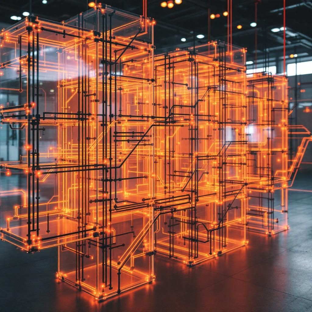 Forestil dig et realistisk, dokumentarisk billede taget i en moderne energimesse, hvor fokus er på de abstrakte, men alligevel konkrete effekter af det stigende energiforbrug til AI. Billedet viser en række store, plastikkonstruerede energimoduler, der er formet som komplekse netværk af sammenfiltrede kabler og grafiske linjer, der symboliserer strømmen, der flyder gennem datacenterinfrastrukturer. Disse moduler er opdelt i sektioner, der repræsenterer forskellige energikilder såsom vind, sol og atomkraft, og deres egnethed til at håndtere AI’s voksende krav illustreres gennem farvevalg – grønne, blå og grå nuancer. Over dette er en stor, holografisk skærm, der projicerer realtidsvisualiseringer af dataforbrug, energimønstre og globale strømnet, hvilket skaber en følelse af bevægelse og kompleksitet. I forgrunden ses en lang række hvide, minimalistiske energimoduler, der står som monumenter for fremtidens energiløsninger. På en række af dem er små, grønne LED-lys, der skifter i takt med strømmenes flow, hvil