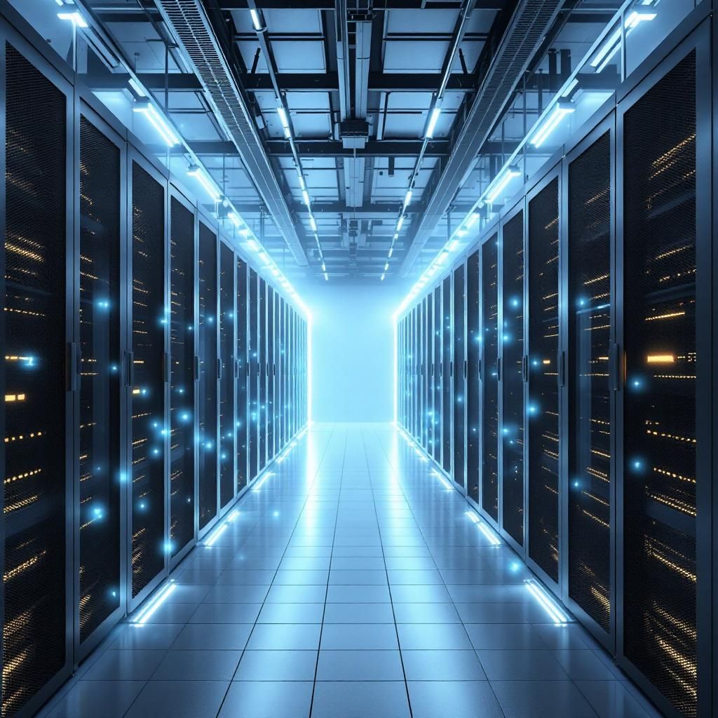 Det mest fængende og spændende dokumentaristiske billede for artiklen om AI’s energiforbrug kan forestilles som en nærbillede af en moderne, minimalistisk datacenter-rampe, hvor kraftfulde, sorte serverblade er omringet af symboliske elementer: en strøm- og CO2-illustration, der flyder som æstetiske energistrømme gennem rummet. Disse energistrømme kan visualiseres med bløde, farverige LED-bølger, der slynge sig gennem kablerne, hvilket symboliserer den uforudsigelige, explosive vækst i strømforbruget uden at inkludere personer. Kameraet har en lav dybdeskarphed for at skabe fokus på den komplekse teknologi og energistrømmene, mens de afbalancerede, subtile natur-lys fremhæver en alvorlig, dokumentarisk stemning, som understreger vigtigheden af energitiltag i teknologiens udvikling. For at illustrere den overordnede påvirkning af AI’s strømkrav, kan billedet også indeholde et abstrakt, futuristisk landskab med enorme, transparente energimonstre, der strekker sig over en industri- og bymæssig horizon, hvor tåg