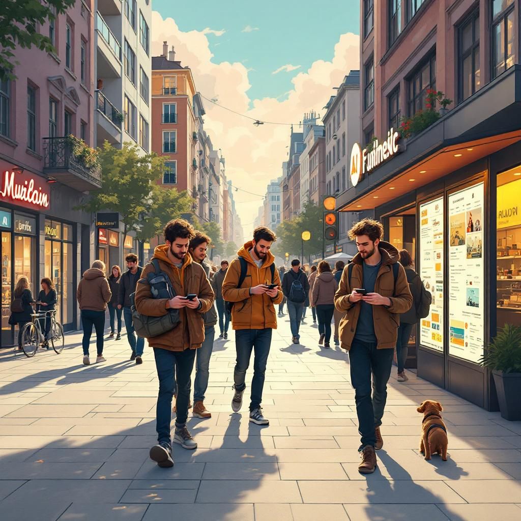 Mit billede visualiserer en hverdagsscene i et moderne miljø, hvor teknologien spiller en central rolle i at forbedre og personliggøre oplevelser. På en travl gade i en storby, med illustrative elementer af digitale skærme og interaktive interfaces, er der en gruppe unge mennesker i afslappede, men moderne beklædning, der hurtigt tjekker deres smartphones, mens de står omkring et dynamisk, digitalt informationspunkt. Det er en naturlig del af deres urbane hverdag at interagere med avanceret AI, der hjælper med at finde de bedste tilbud, booke billetter eller planlægge deres kultur- og fritidsaktiviteter på en intuitiv måde. Lyset spiller spil på de digitale overflader, hvilket understreger den teknologiske integrering i deres miljø, uden at billedet bliver futuristisk sci-fi — det er en dokumentarisk, realistisk gengivelse af nutidens tillid til AI i dagligdagen, hvor teknologi er en næsten usynlig, men aktiv partner. Der er fokus på de abstrakte, visuelle repræsentationer af data, navigation og personaliser