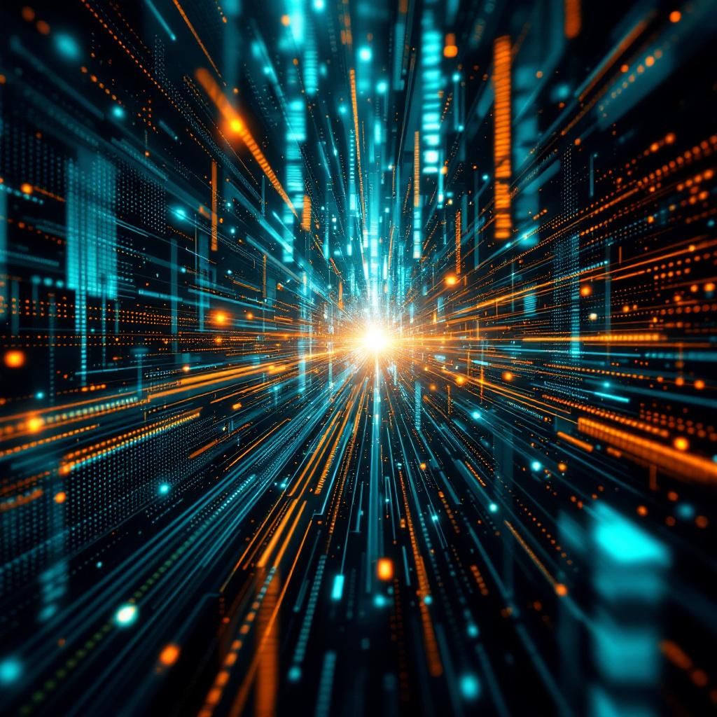 Jeg forestiller mig et komplekst, kraftfuldt billede, der abstrakt visualiserer den digitale transformation og automatisering, hvor teknologiens indflydelse bliver transparent og konkret i hverdagen uden at bruge menneskelige figurer. En nærmest kollision af organiserede datastreams, organiserede netværk og visuelle repræsentationer af AI’s evne til at trække informationer fra flere platforme, vises gennem en lagdelt komposition af lag af flydende grafik, aggregater af data, og dynamiske netværksstrukturer. Disse elementer skaber en følelse af energisk, men også kontrolleret aktivitet, hvor information flyder i en organiseret, men stadig uendeligt kompleks måde, hvilket symboliserer AI’ens evne til at filtrere, kuratere og præsentere data i realtid. Det er vigtigt, at billedet har en realistisk tone, hvor de visuelle elementer eksempelvis fremstår som digitale linjer, netværksforbindelser, og flydende grafer, der repræsenterer AI’ens arbejdsproces i en moderne, nytidig kontekst. Varmen fra soft white LED-be