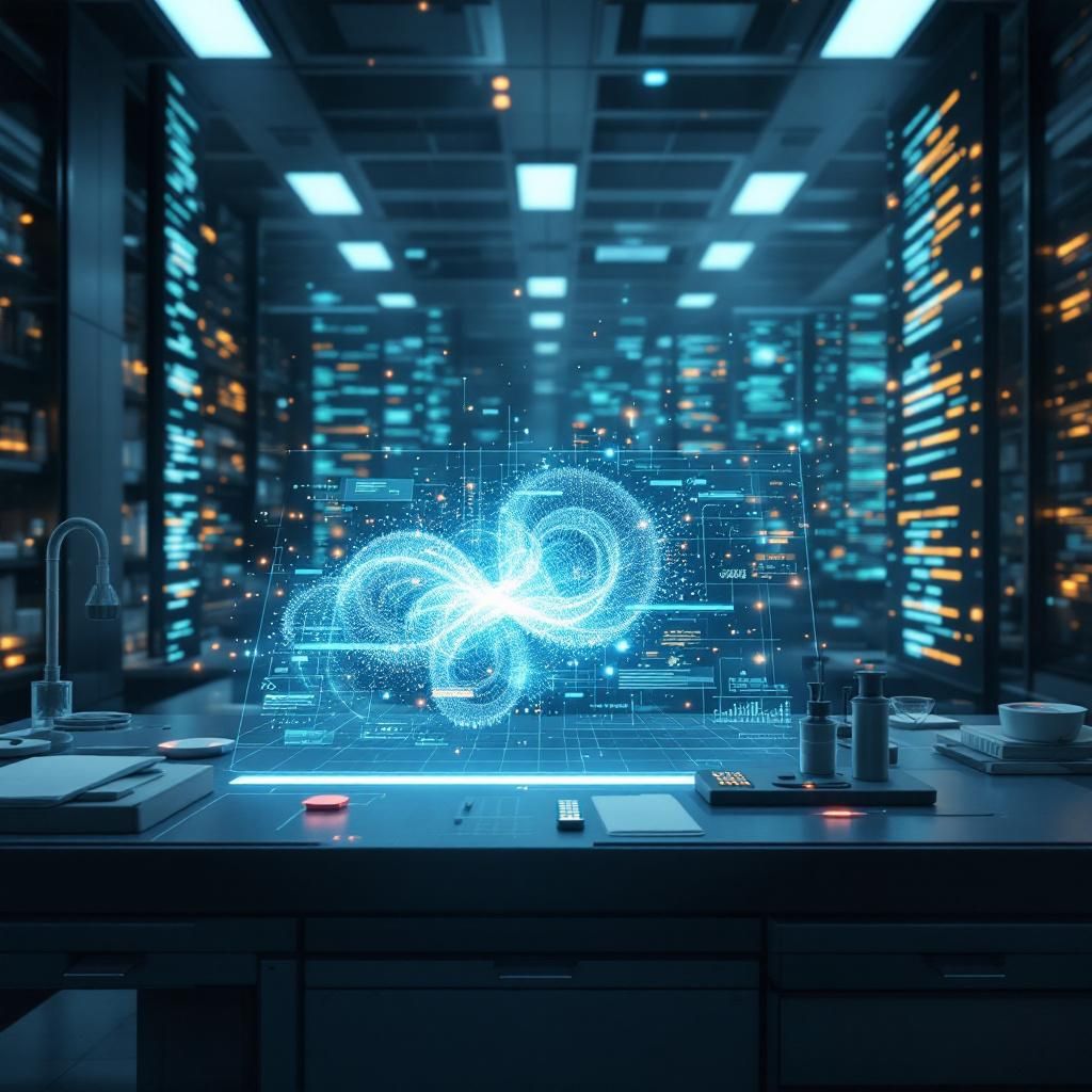 Forestil dig et realistisk og dokumentaristisk billede taget i en moderne, high-tech laboratoriemiljø, hvor fokus er på abstrakte repræsentationer af databehandling og AIs komplekse natur. Midt i billedet er et stort, syntetisk visualiseringspanel, der viser en dynamisk strøm af data, som flyder i organiserede, men uforudsigelige mønstre – symboliserende de fejlbehæftede benchmarks, der influerer AIs vurdering. Røgagtige, farverige data-strømme strømmer ud fra panelerne i forskellige retninger, hvilket antyder både kompleksiteten og risikoen ved forkert måling, mens enkelte datapunkter fremstår uskarpe eller forvrængede, hvilket understreger problematikken med unøjagtige evalueringer. Omkring visualiseringspanelet er en gruppe teknikere og forskere, der arbejder uden synlige personer i fokus, men gennem subtile miljødetaljer - afskårede kabler, digitale tryk-udskrifter, og organiserede udstyr – formidler billedet den tydelige forbindelse til nutidens behov for kritisk, selvstændig validering. Lys- og farve