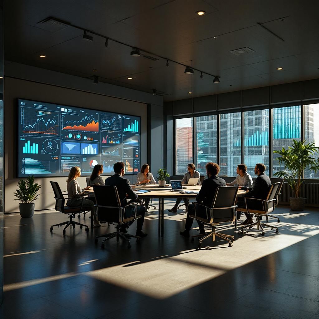 Forestil dig et realistisk, dokumentaristisk billede, der visualiserer risikoen ved forkert vurdering af AI gennem en abstraheret, men genkendelig hverdagsscene. På et moderne kontor i en lukket del af en stor byjede, ses en gruppe beslutningstagere og teknisk personale, der står i et rundt bord, omgivet af store, fladskærms- eller projektorbaserede skærme. Skærmene viser komplekse grafer, data-visualiseringer og symboler for usikkerhed—f.eks. et skib med revnede stabilitetslinjer, usikre skemaer og uklar information. Atmosfæren er rolig, men præget af koncentration, og der er ingen mennesker ved computere, kun den symbolske interaktion med visuelle data, der repræsenterer nedslidningen og usikkerheden i AI-benchmarking. Det naturlige lys fra store vinduer blander sig med det energiske lys fra skærmene, hvilket understreger vigtigheden af kritisk vurdering i praksis. Baggrunden skildrer et åbent, moderne kontormiljø med subtile elementer såsom skuffer med ingeniør- eller forskningsmaterialer, der antyder, at