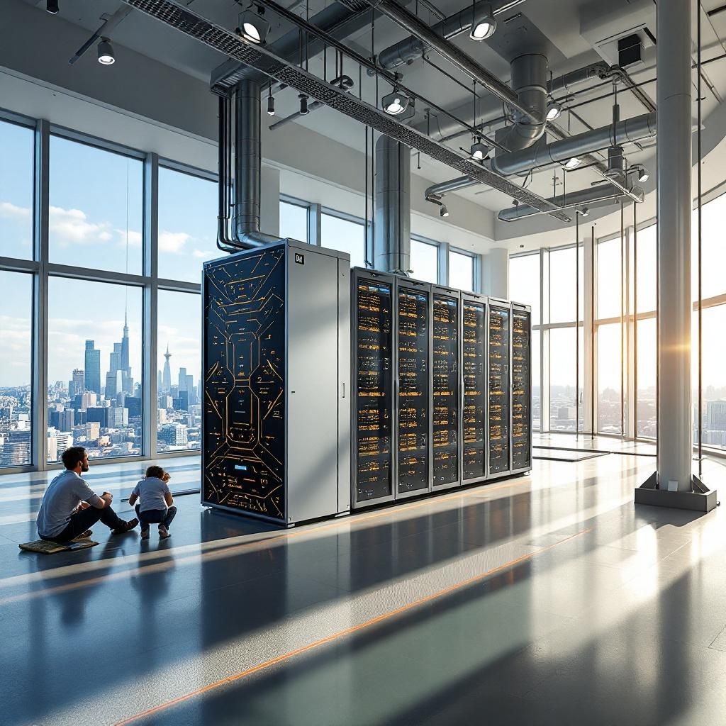 Billedet viser en optaget, dokumentarisk scene fra en moderne datacenterbygning, hvor en stor, slabsupercomputer står i fokus. Den er omgivet af et miljø præget af højteknologiske elementer: teksturerede kabler, ventilationsanlæg og luftstrømme, der illustrerer den kraftfulde mekanisme bag databehandling i rummet. Rummet er rummeligt med høje lofter og industrielle detaljer, hvor naturligt dagslys strømmer ind gennem store vinduer, der afslører en udsigt over en urban teknologi- og energihavn, som symboliserer en fremtid, der er afhængig af grøn teknologi og innovation. I venstre side ses en gruppe teknikere i arbejdsbeskyttelsesudstyr, der inspicerer og overvåger systemet, hvilket understreger den praktiske, jordnære realitet bag avanceret AI-udnyttelse. Midt i billedet sker der en subtil symbolik: en laserstråle, der sender data gennem en optisk forbindelse fra supercomputeren til en satellit i kredsløb udenfor, hvilket visualiserer den revolutionerende overgang fra jordbaseret til rumbaseret databehandlin